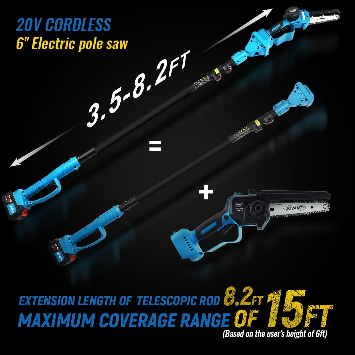 Pole Saw for Tree Trimming,15-Foot Reach Pole Tree Trimmer,6inch Electric Pole Chainsaw for Branch and Wood Cutting with Portable Bag&6 Inch Mini Chainsaw Chain with Replacement Saw Chain Bar