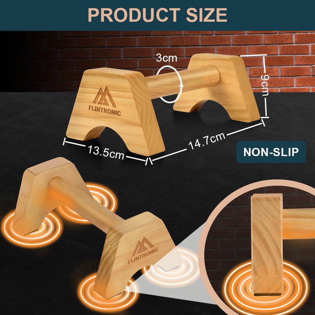flintronic Wooden Parallettes, Fitness Push Up Bars, Solid Wood Parallettes Bars with Non-Slip Mat, Handstand Bar Push Up, Wrist Straps, for Home Workout Equipment for Strength Training, Gymnastics