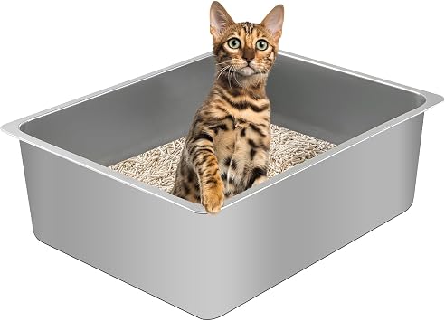 Stainless Steel Cat Litter Box, Metal High Sided Kitty Large Litter Box Pan,Non-Sticky, Easy to Clean, Pet Toilet Supplies for Kitten, Rabbit Silver, 17.7" x13.8" x6"
