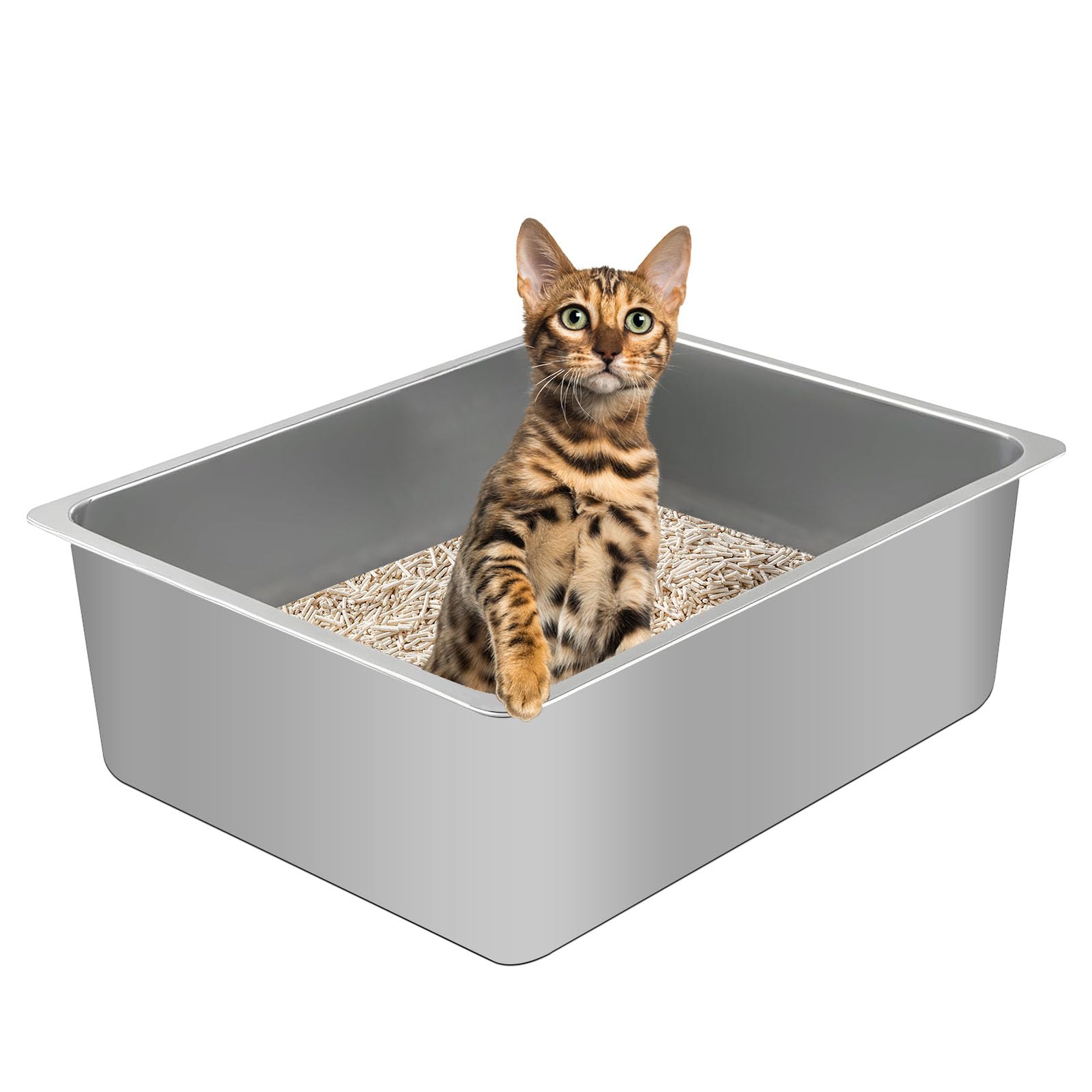 Stainless Steel Cat Litter Box, Metal High Sided Kitty Large Litter Box Pan,Non-Sticky, Easy to Clean, Pet Toilet Supplies for Kitten, Rabbit (Silver, 17.7" x13.8" x6")