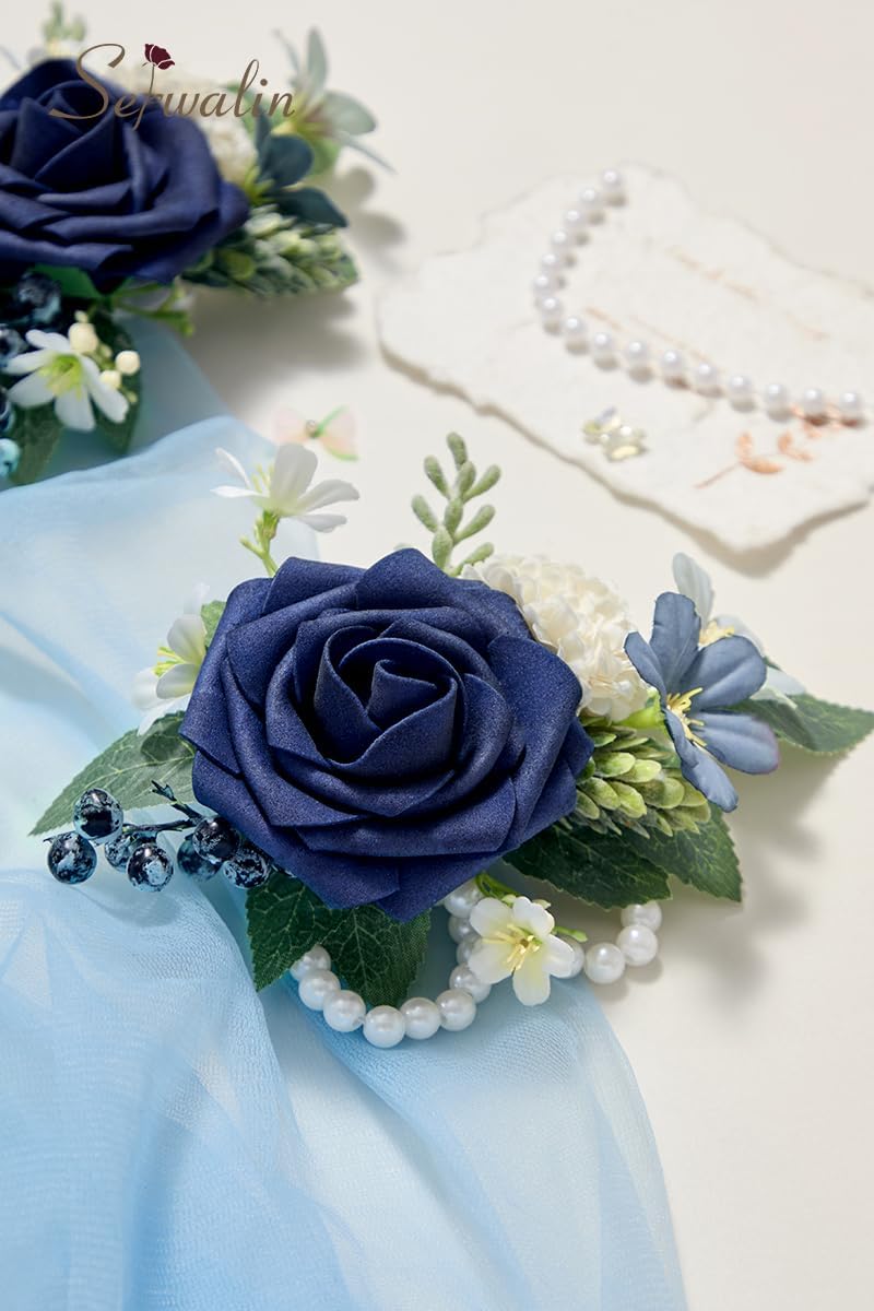 Serwalin 2 Pcs Wrist Corsage, 6-7 Inch Navy Blue Corsage for Wedding, Bridesmaid Mother Grandmother, Artificial Flowers for Prom Ceremony Anniversary