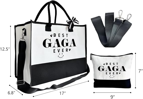 Gift for Best Gaga Ever - Canvas Beach Tote for Women With Inner Pocket & Make Up Bag - Birthday, Mother's Day, Novelty Present for Grandparents