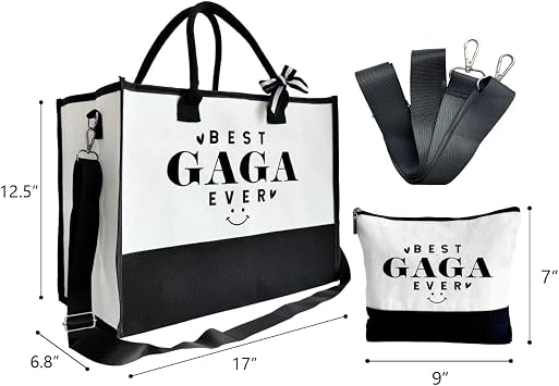 Gift for Best Gaga Ever - Canvas Beach Tote for Women With Inner Pocket & Make Up Bag - Birthday, Mother's Day, Novelty Present for Grandparents