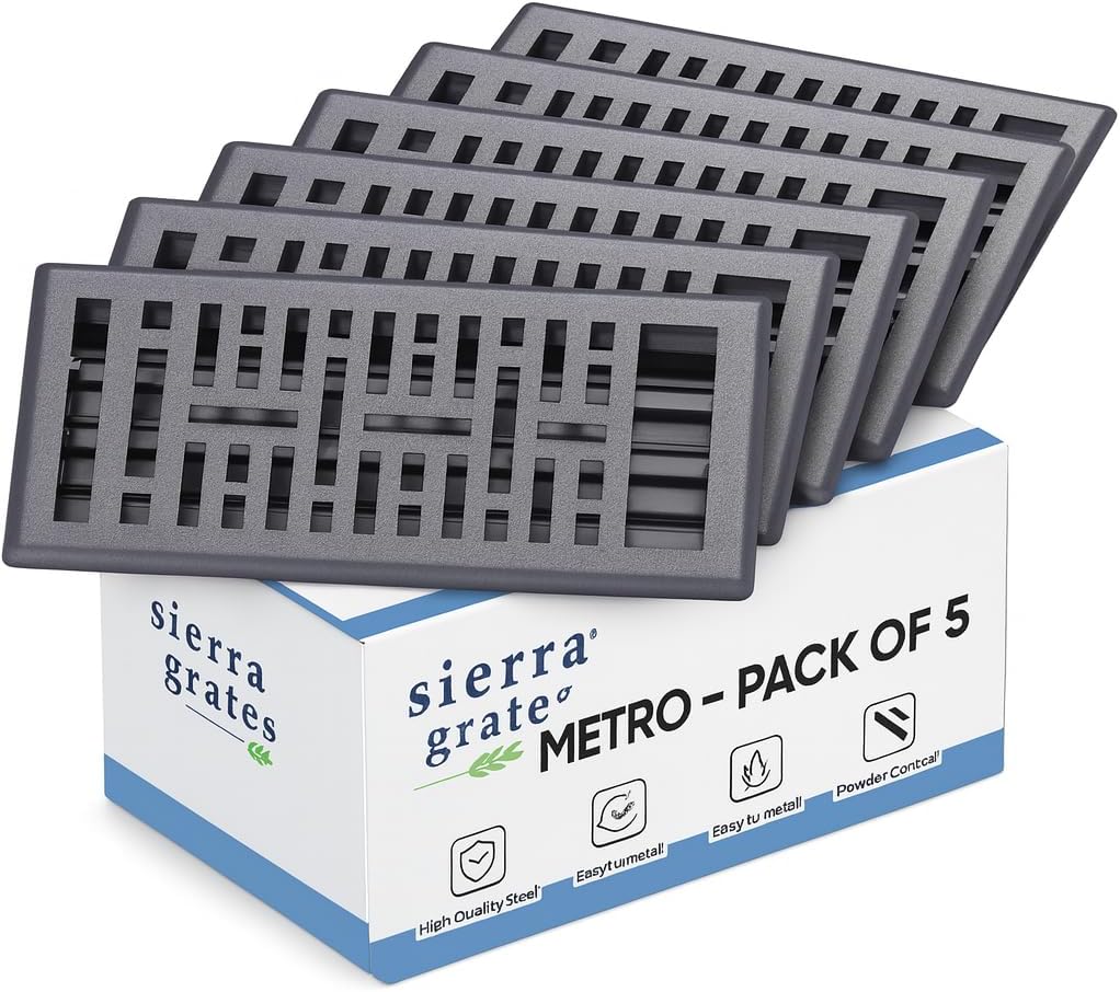 4"x10" Metal Floor Register Vent Cover, Metro Design Grey Finish, Decorative Steel HVAC Air Vent Grille, Durable Heavy Duty Floor Vent for Home, Easy Install, 5 Pack