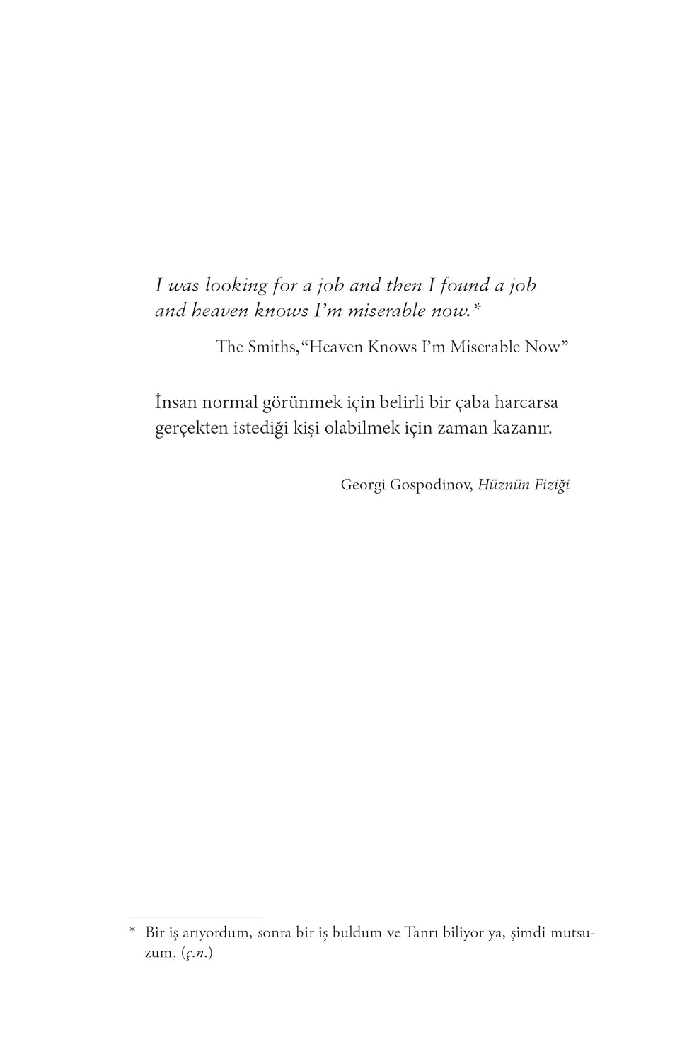 Page from the book 'Disgruntled' featuring quotes from The Smiths and Georgi Gospodinov.