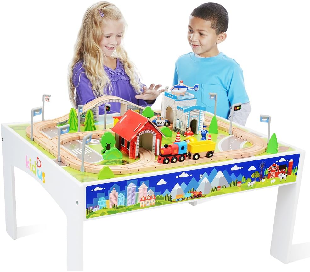 Wooden Train Track Set with Table for Kids Toddlers Creative Play Train Set and Table (80 pcs)