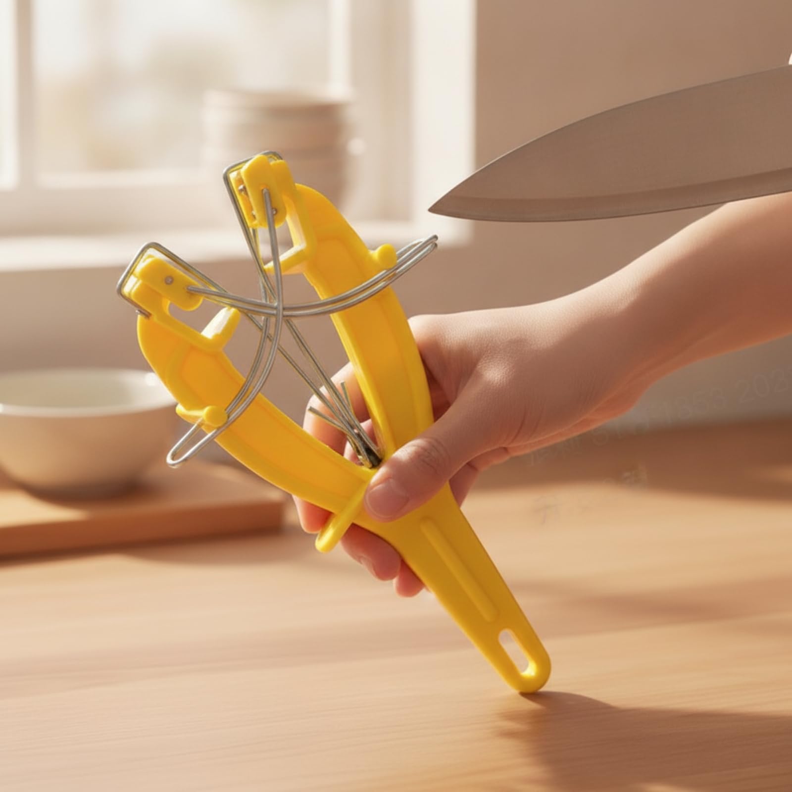 Affilatore Manuale Strumento Affilatura Cucina Utensile Affila Temperino Domestico Affila Portatile con Paracolpi Dita E Manico Curvo Antiscivolo