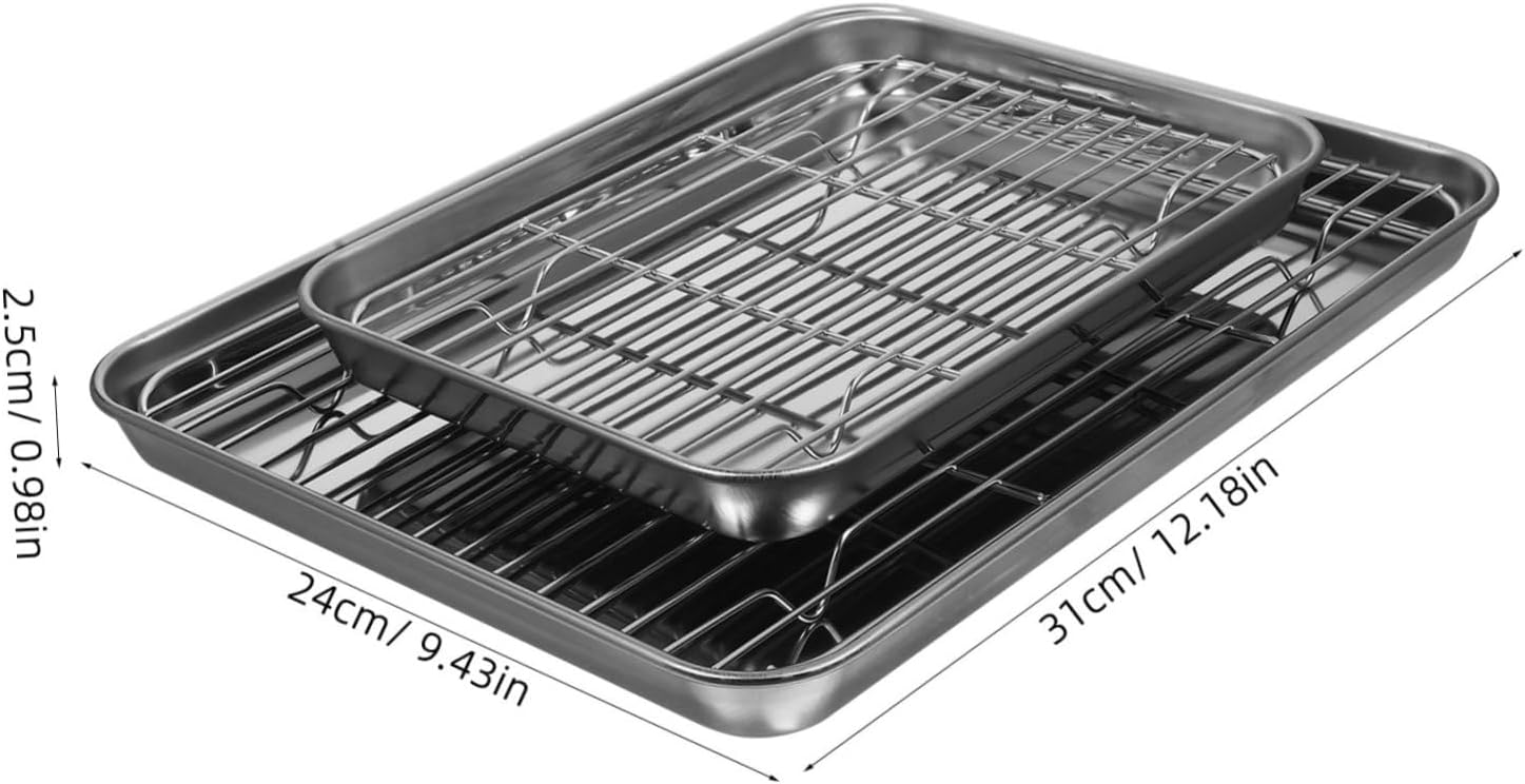 Alipis 2pcs Stainless Steel Baking Sheets Drain Pans Set with Cooling Rack Kitchen Trays for Fruits Vegetables Easy Clean Space-saving