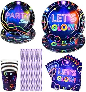 PHOGARY Glow Party Decorations, Neon Party Supplies Kit with Plates, Napkins, Cups, Straws for Lets Glow Theme party, Neon Glow Party Decoration (69 PCS)-Serves 8