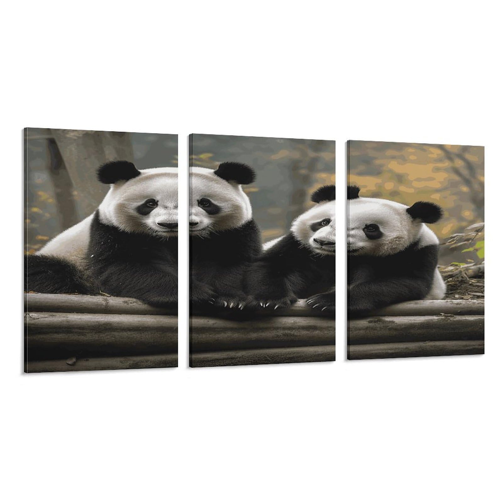 Toile murale grand panda | Tableau triptyque vertical pour séjour