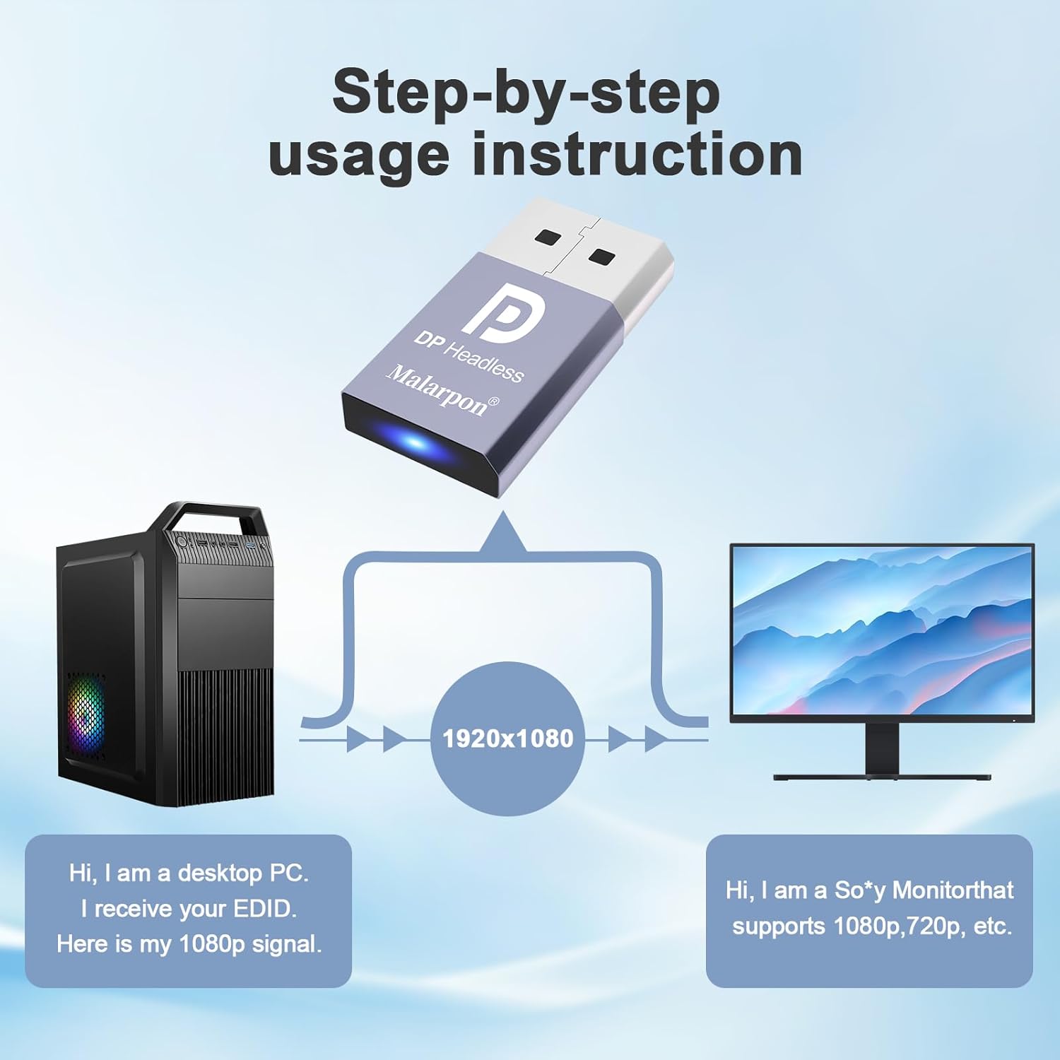DispalyPort Headless Ghost Display Emulator with Blue Light for PC 4K DP Dummy Plug (fit Headless 1080@60Hz-3840x2160@17Hz) 4P