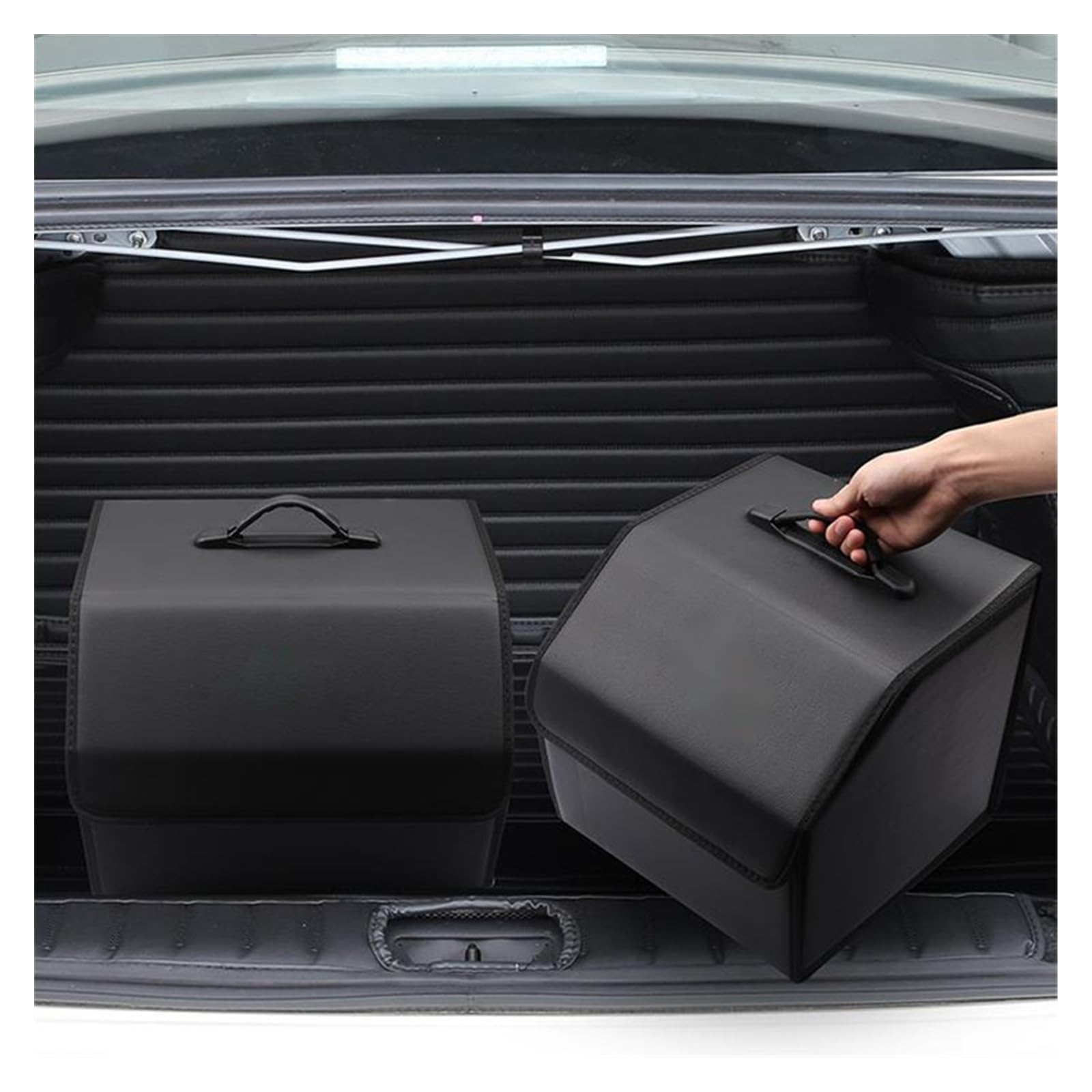 Organizador de Maletero de Coche de Cuero Premium con Asas - Caja de Almacenamiento Plegable Grande for SUV y sedanes - Organizador Multiusos for Accesorios y Herramientas de Coche (Negro)(40CM)