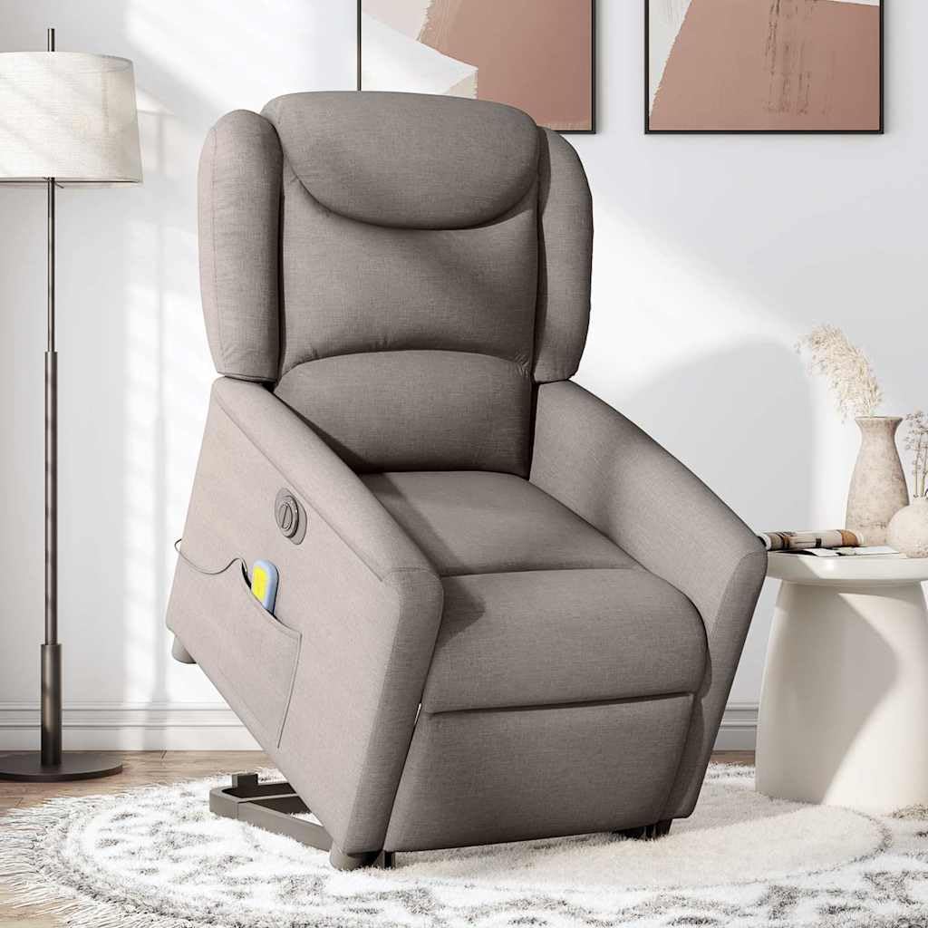 Sillón elevador eléctrico reclinable de tela gris con 6 puntos de vibración, función de elevación e inclinación de 135°, estructura estable, cómodo asiento