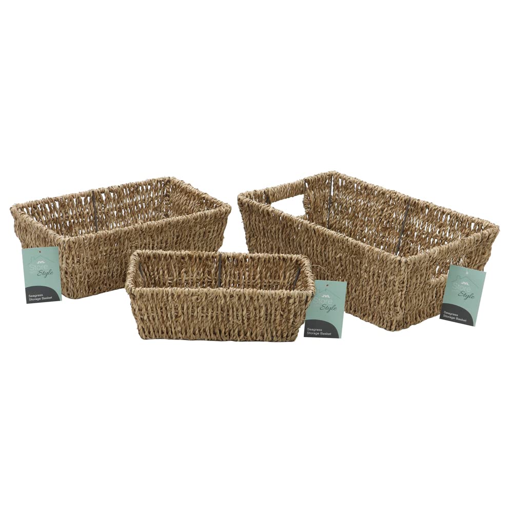 JVL Seagrass Set of 3 Rectangular Tapered Storage Baskets Natural