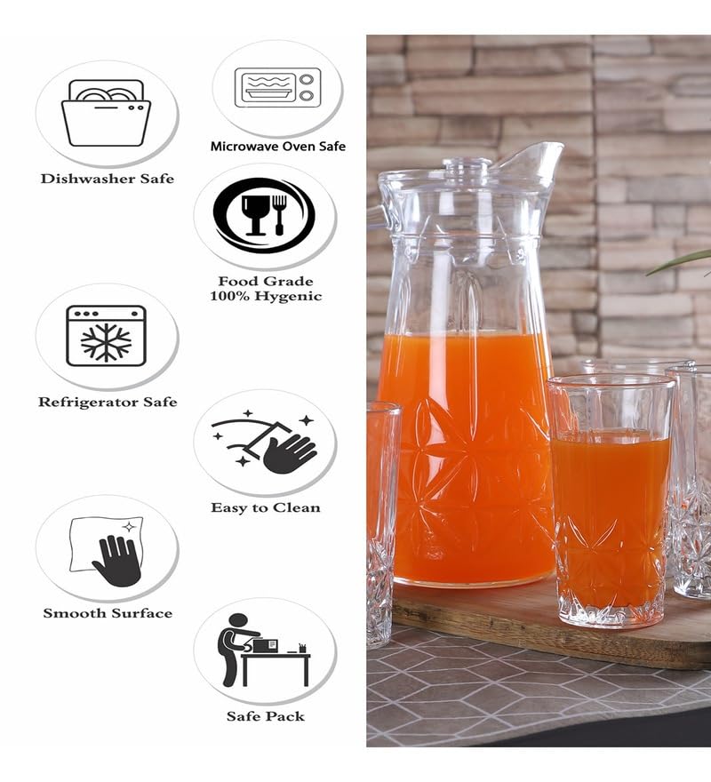 Image of Wringo Premium 7pc Crystal Water Jug with Glass Set and Jug Set Combo,Freezer Safe and Dishwasher Safe (6 Pieces Glasses 200ML and 1 Water Juice Jug 1 Liter), Transparent, Glass and Jug Set (WS-10)