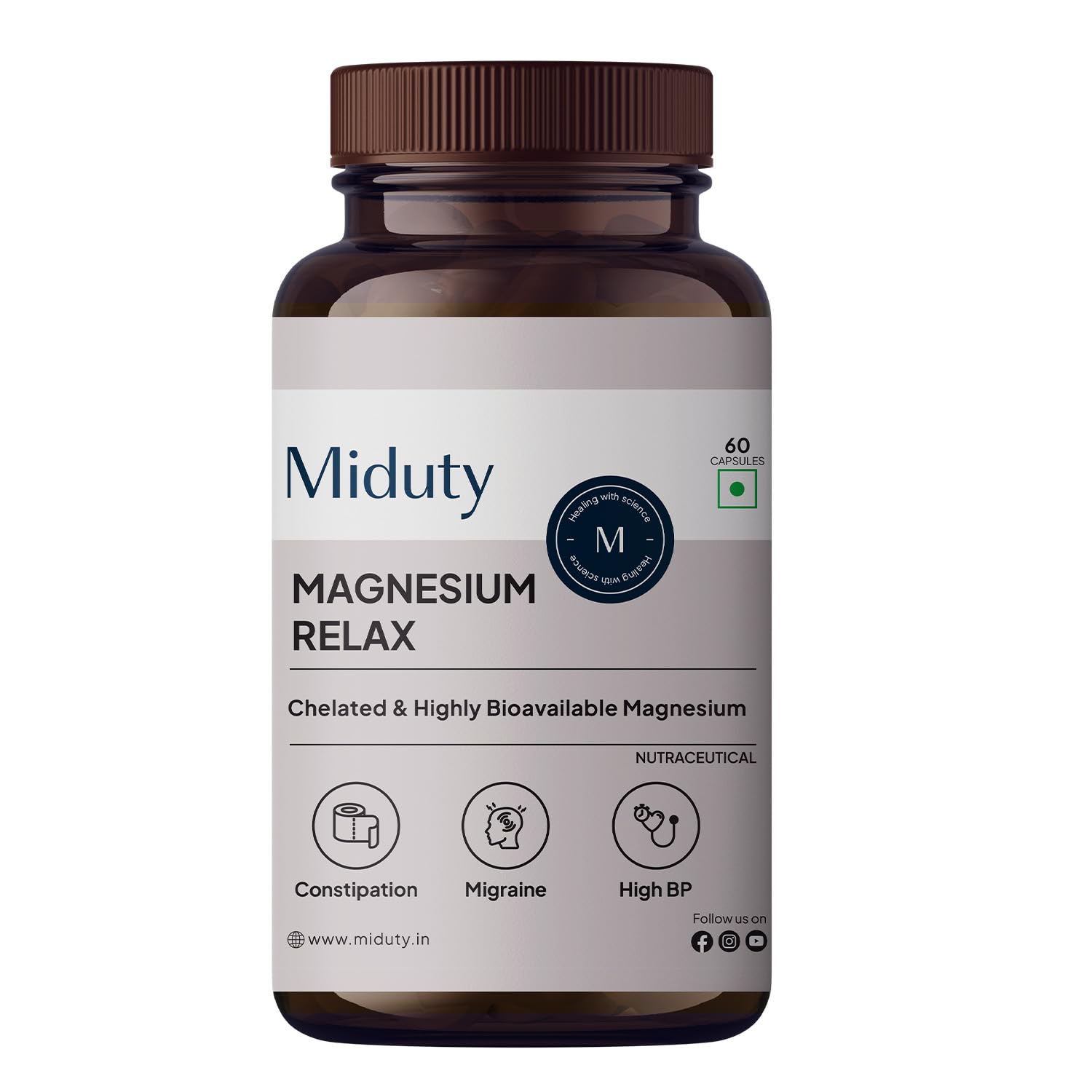 Miduty Magnesium Relax Chelated Bisglycinate - 1000mg + Vitamin B6 - Non-Laxative, High Absorption - Supports Sleep, Muscle Recovery, Cramps & Migraine Relief - 60 Veg Capsules