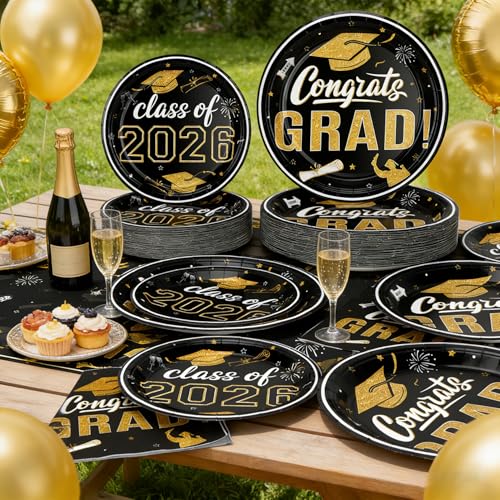 152Pcs Class of 2026 Graduation Party Supplies, 9’’ and 7’’ Black Graduation Plates and Napkins 2026 with Tablecloths, Disposable 2026 Tableware Set for 50 Guests, Graduation Party Decorations by CLIYTICA - Used condition - Image 3