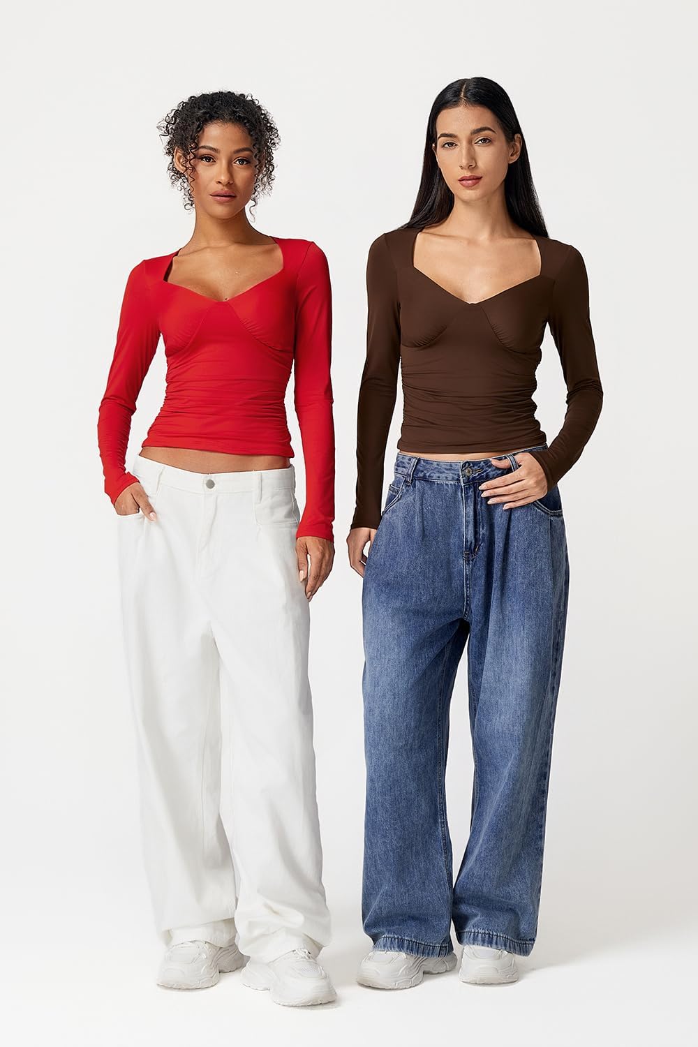 QINSEN Long Sleeve Shirts for Women V Neck Double Lined Seamed Cup Going Out Tops Side Ruched T-Shirts - Image 6