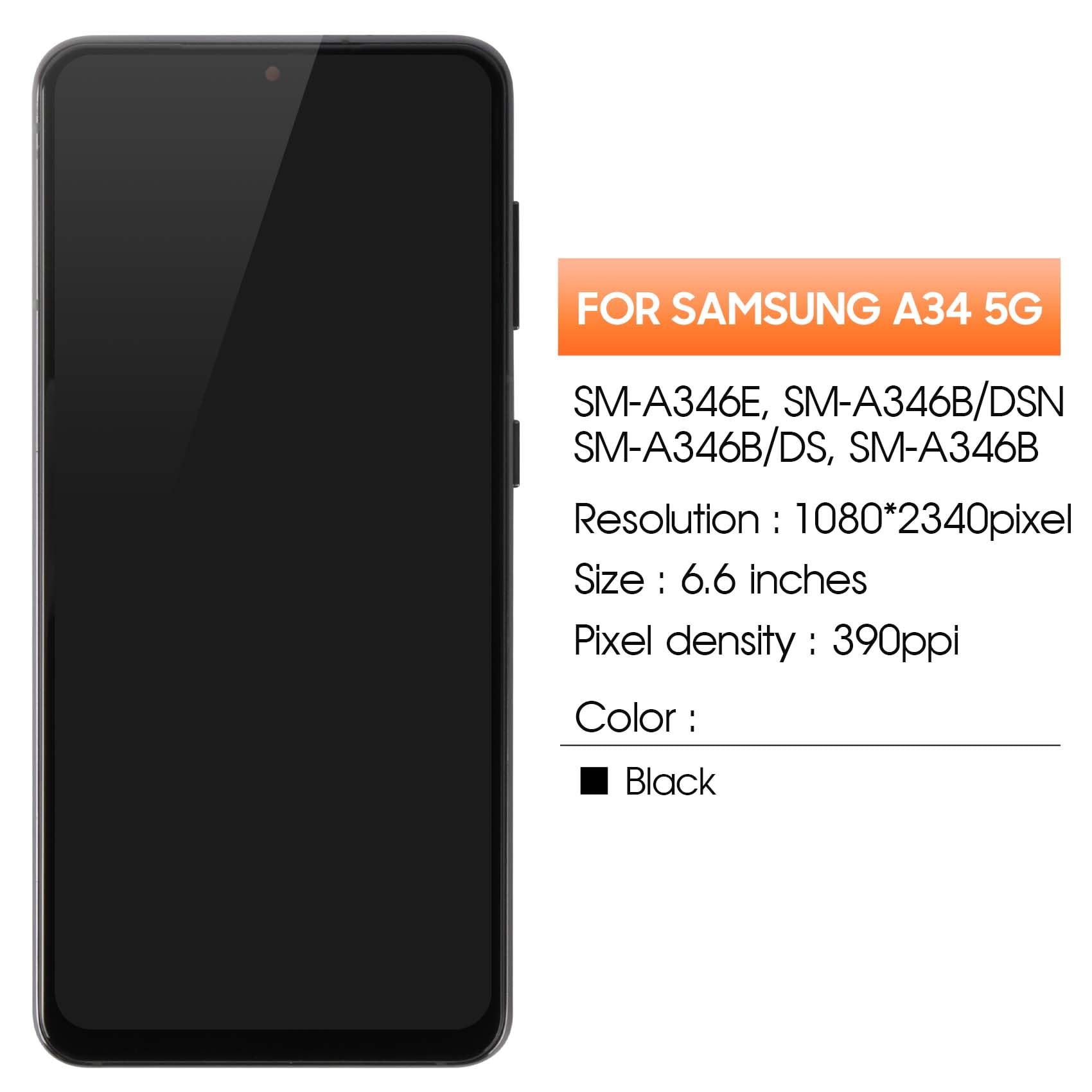 6.6" LCD Display per Samsung Galaxy A34 5G LCD Schermo per Samsung A34 SM-A346E SM-A346B Display Touch Screen Digitizer Assembly con Riparazione Strumenti con Cornice, Non Supporta Impronte Digitali