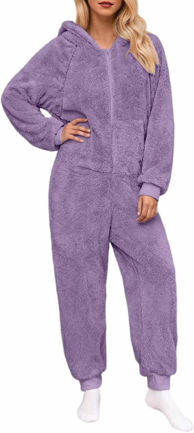 HGps8w Fleece Onesie Pajamas for Women Warm Sherpa Fuzzy Jumpsuit Sleepwear One Piece Zipper Hooded Romper Loungewear