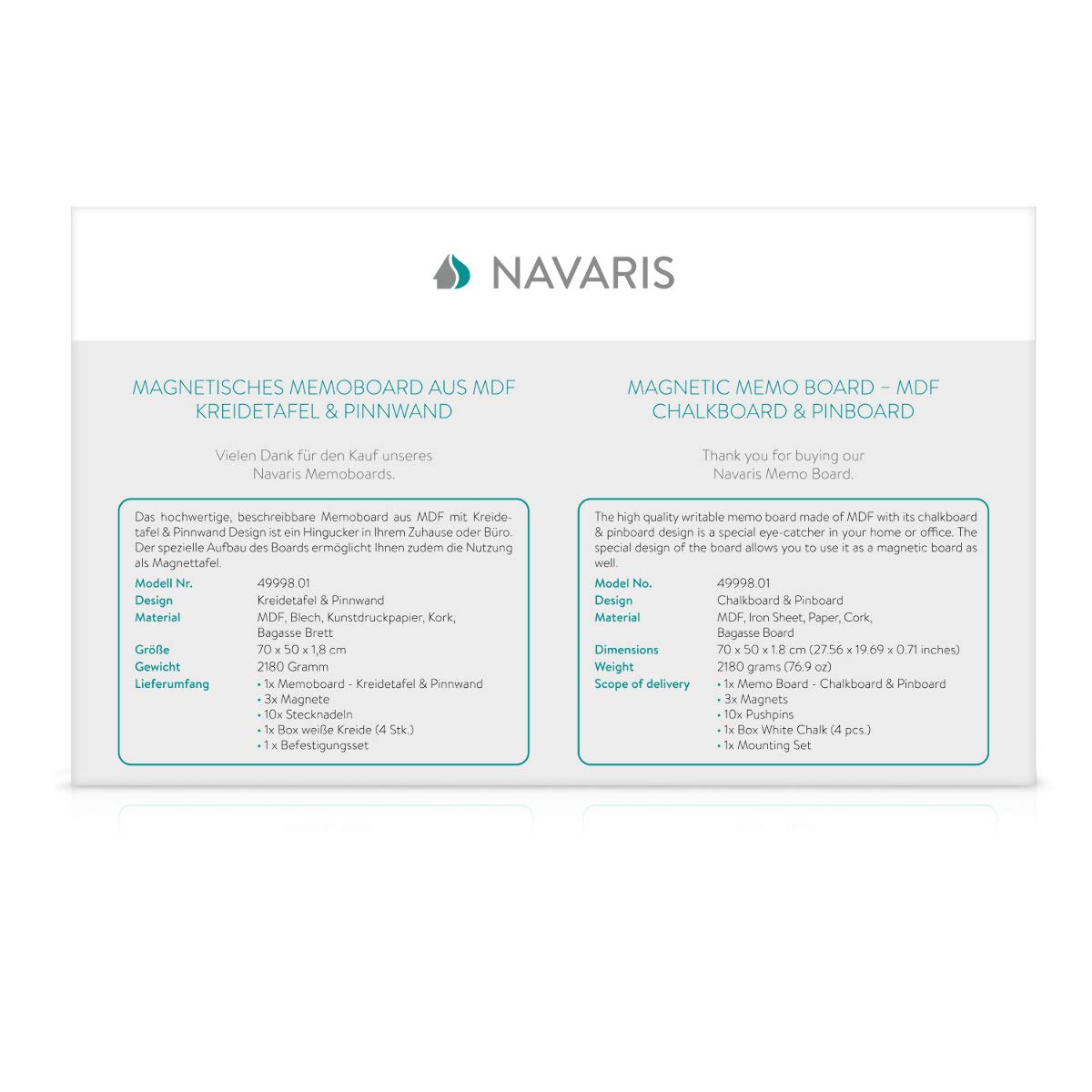 Navaris Tableau affichage mixte - Tableau mémo 70 x 50 cm avec tableau noir ardoise et tableau liège - Kit fixation craie aimant punaise inclus