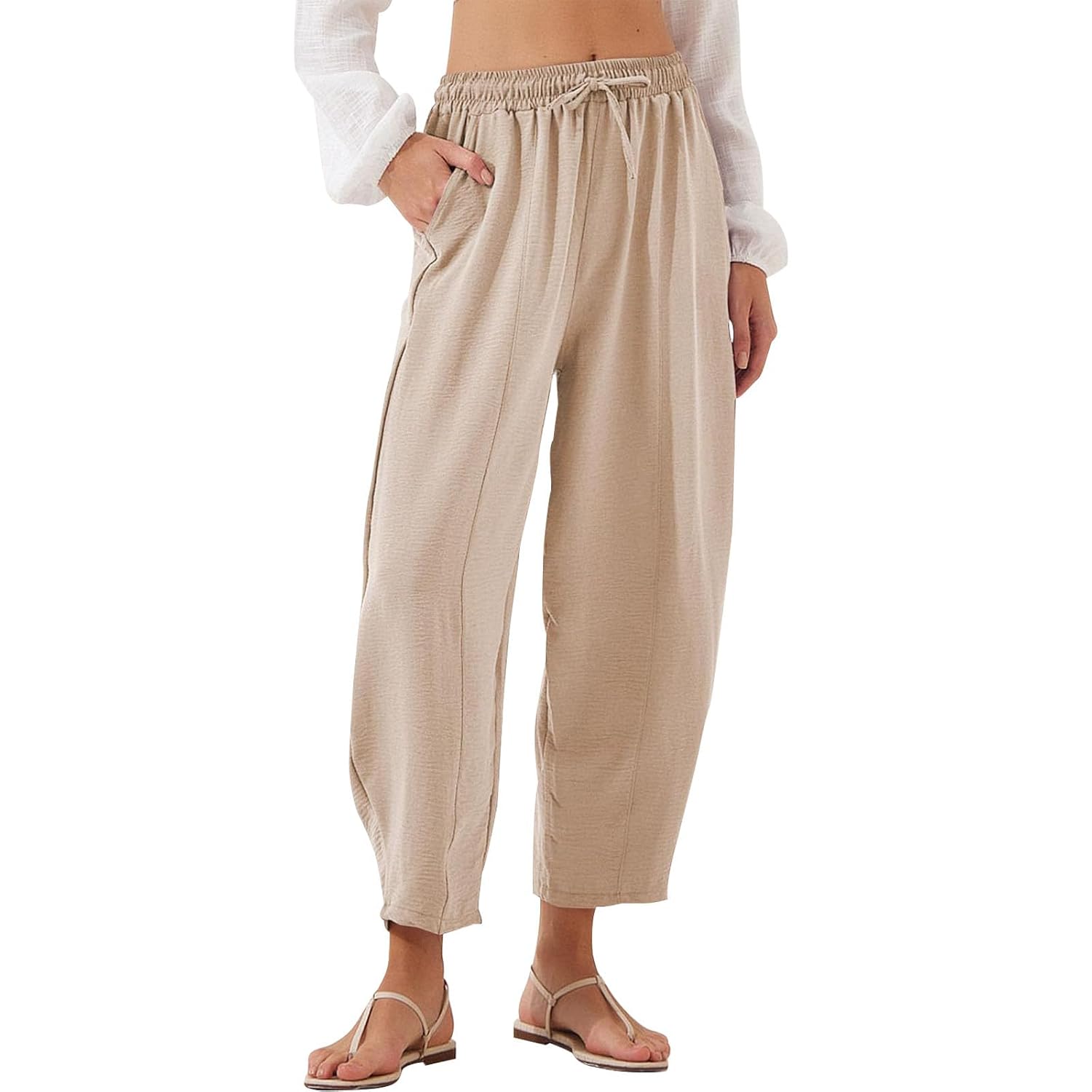 Women Lantern Pants Elastic Waist Drawstring Ankle Length Harem Pants Solid Vacation Lounge Trousers with Pockets