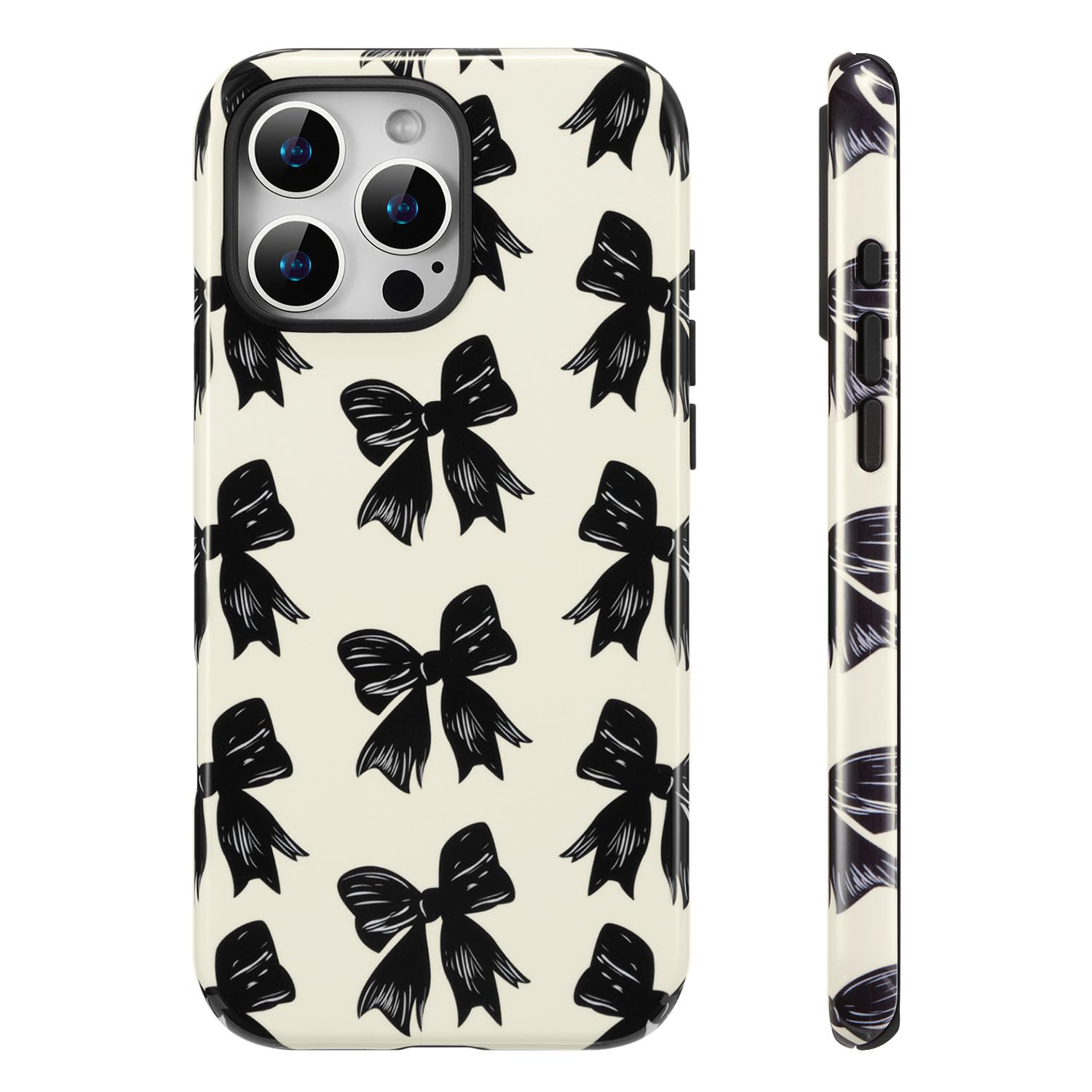 QLTYPRI Case for iPhone 16 Pro Max, Aesthetic Black Ribbon Bow Phone Case for Girls Women, Protective Hybrid 2-Layer Hard Shell Silicone Cover Durable Shockproof Phone Cover - Beige