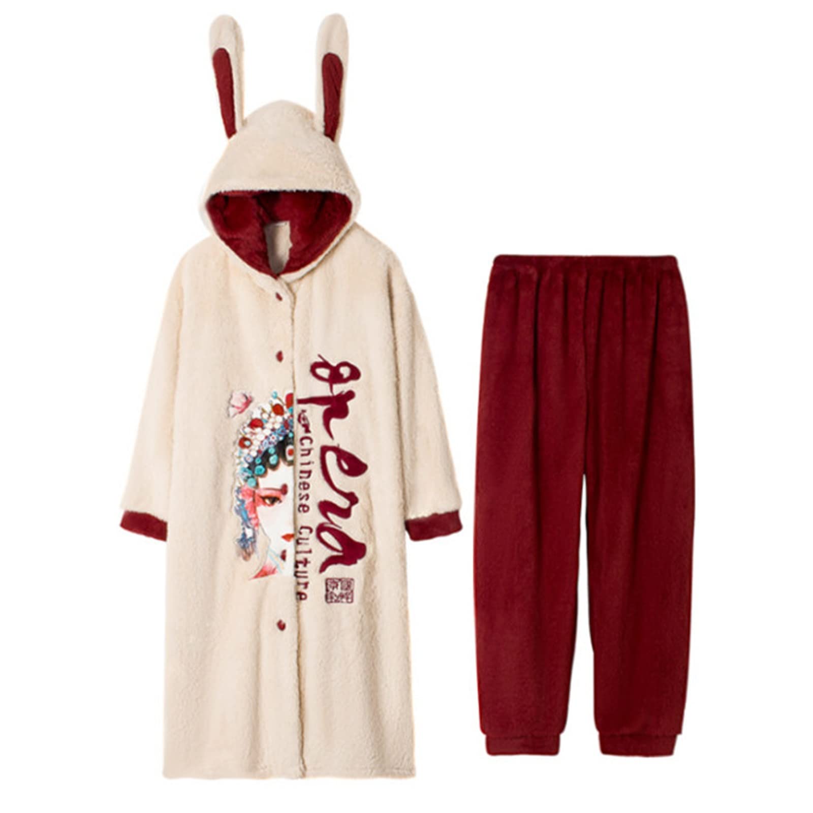 GHYUB Accappatoio Uomo Cappuccio, Accappatoi per Coppia, Pigiama di Flanella Invernale in 2 Pezzi, Accappatoio in Stile Cinese, Pigiama di Media Lunghezza con Cappuccio (Color : Woman Red, Size : 2L)