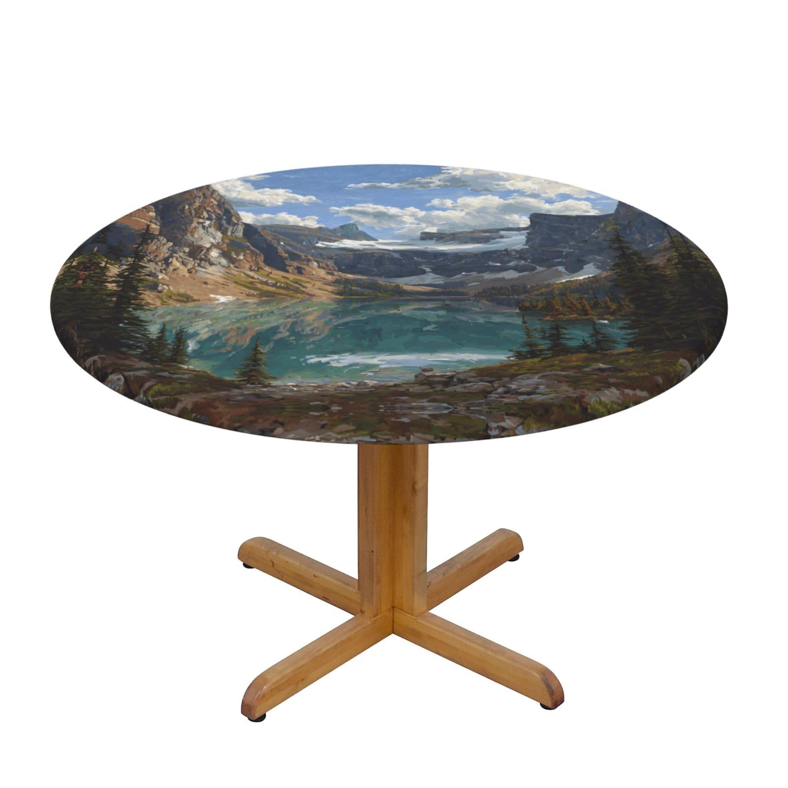 ESNAIUVCD Glacier Lake print Waterproof Round Tablecloth,Outdoor Table Cloth with Elastic Edged, Elastic Tablecloth Wipeable, Garden Table Cloth Suitable for sizes 90cm-140cm
