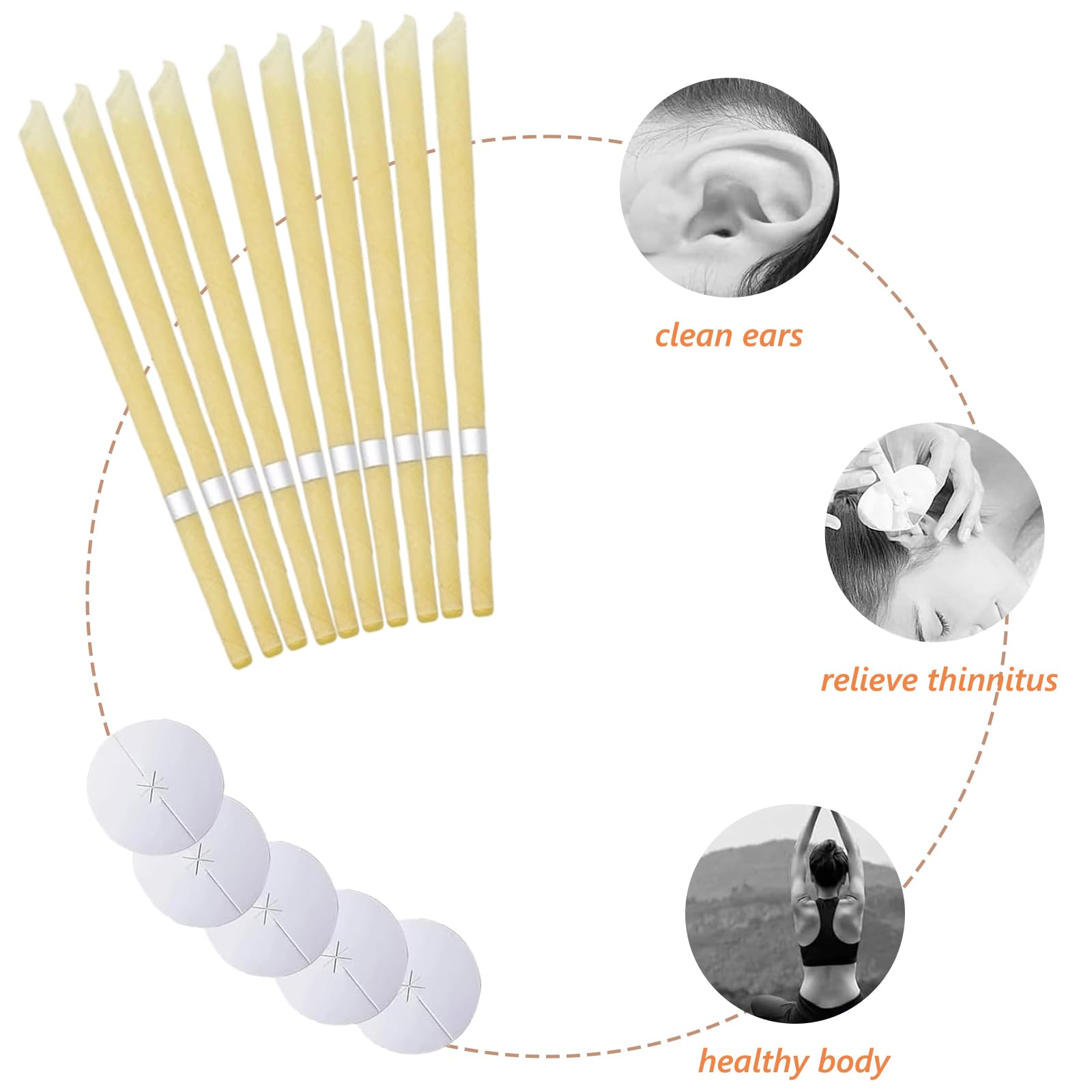10 Pezzi Candele per orecchie,con cera d'api organica naturale per orecchie bloccate,con 5 Dischi Protettivi per Orecchie Bloccate e 10 pezzi tamponi di cotone