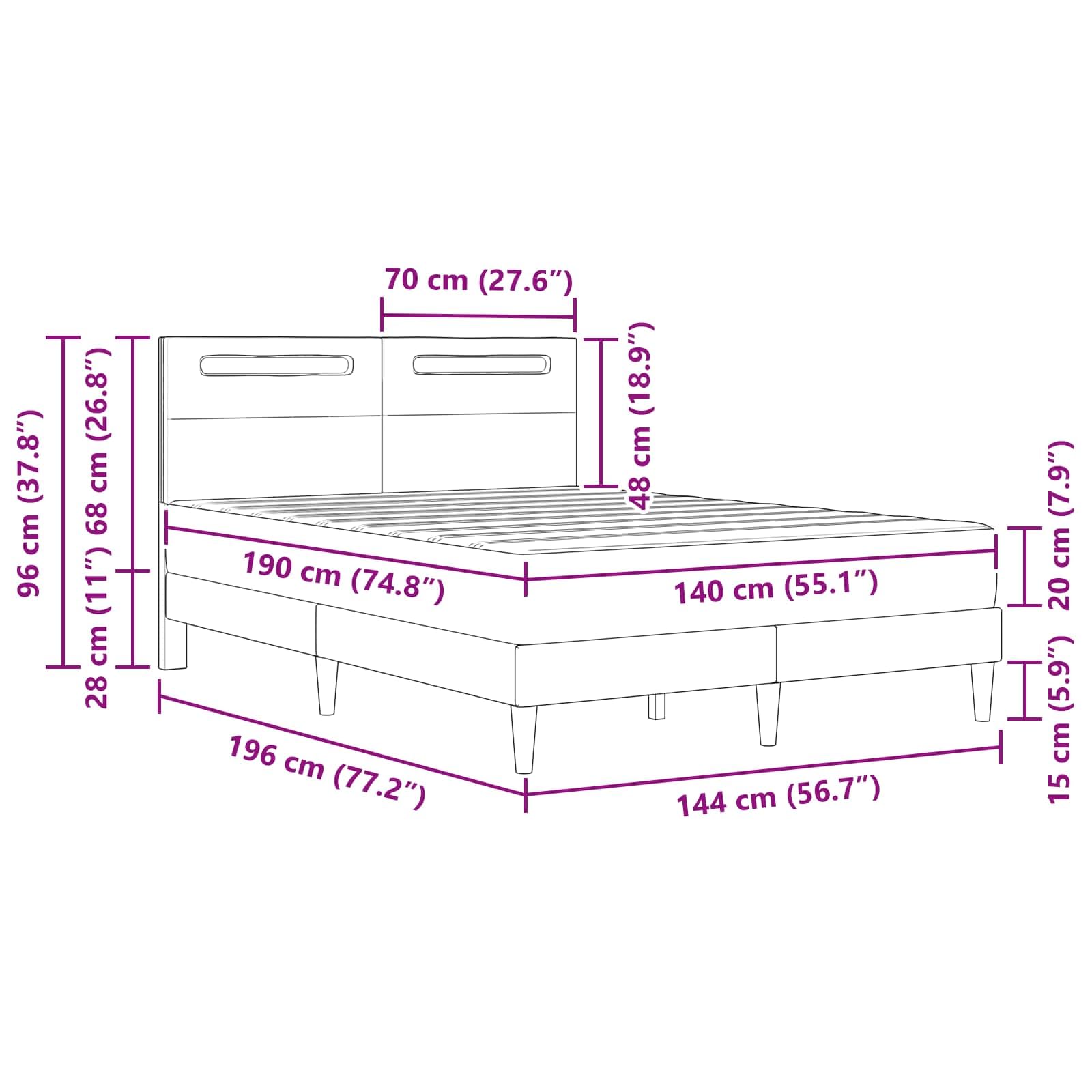 Marco de cama con tiras de luz LED, gris, 140 x 190 cm, piel sintética, cama de madera maciza con espacio de almacenamiento y cabecero para cama de matrimonio