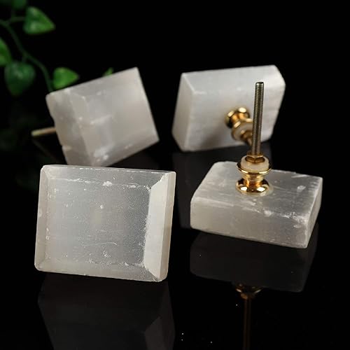 Miniatura 5 de JIC Gem 4 tiradores cuadrados blancos para gabinete, tiradores de piedra de cristal de selenita, grandes para cajones, armarios de cocina, armario