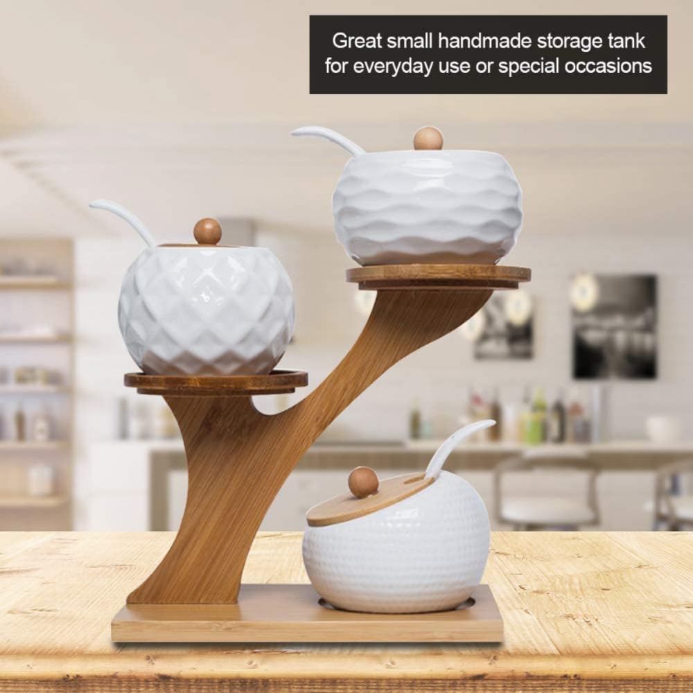 Gewürzdosen, Set mit 3 Gewürzgläsern, Gewürzständer, Keramik-Zuckerdose, Vorratsdose Servierlöffeln und Deckel, 24 x cm