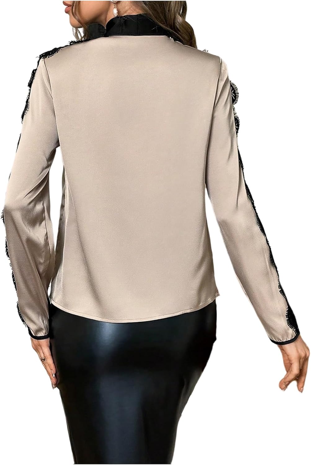 SweatyRocks Women's Lace Crochet Bow Tie Mock Neck Button Down Shirts Long Sleeve Shirts Casual Blouse Top