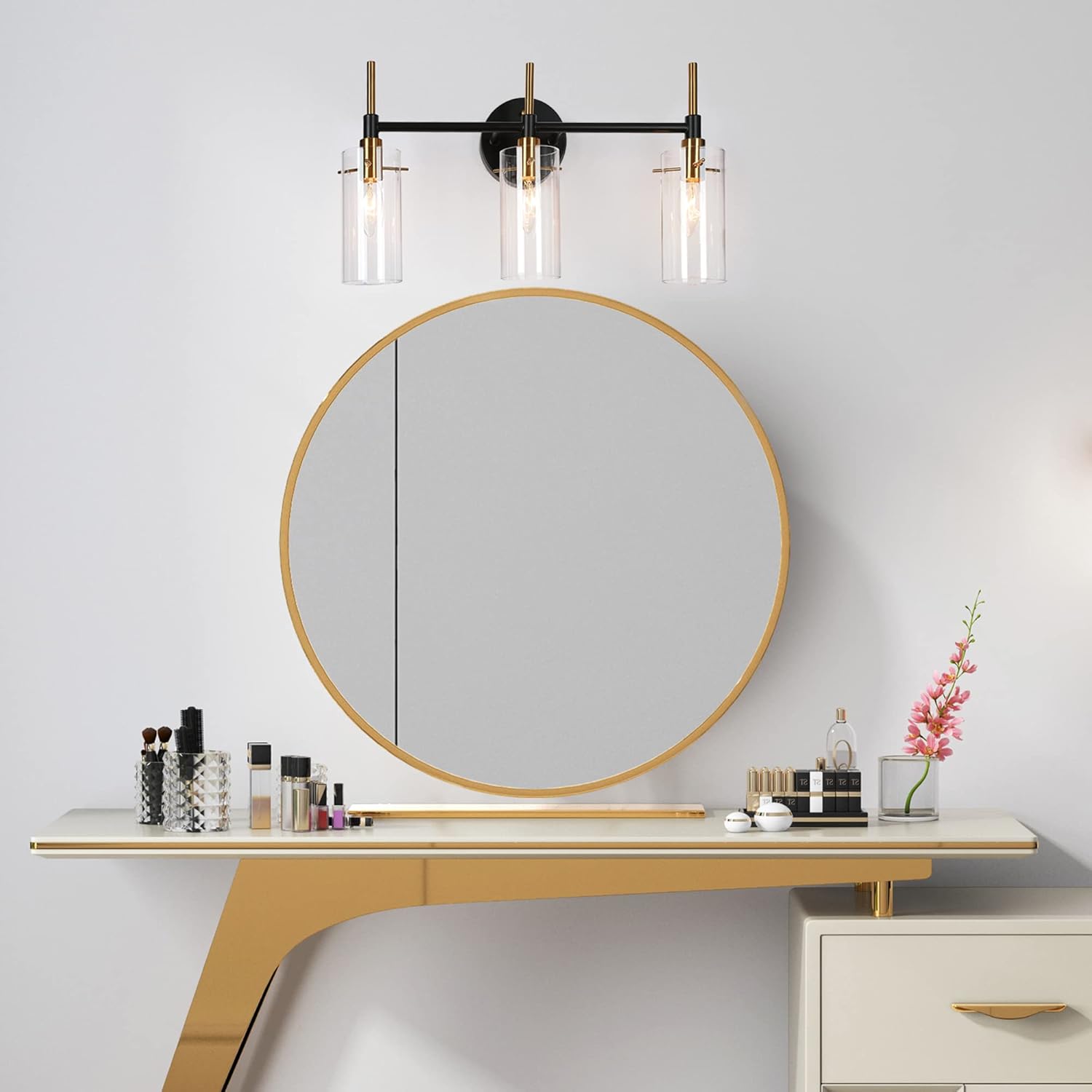 Durent Lighting Modern Bathroom Light Fixtures, 3-Light Clear Glass Shade Vanity Lights in Matt Black and Brushed Brass Finish