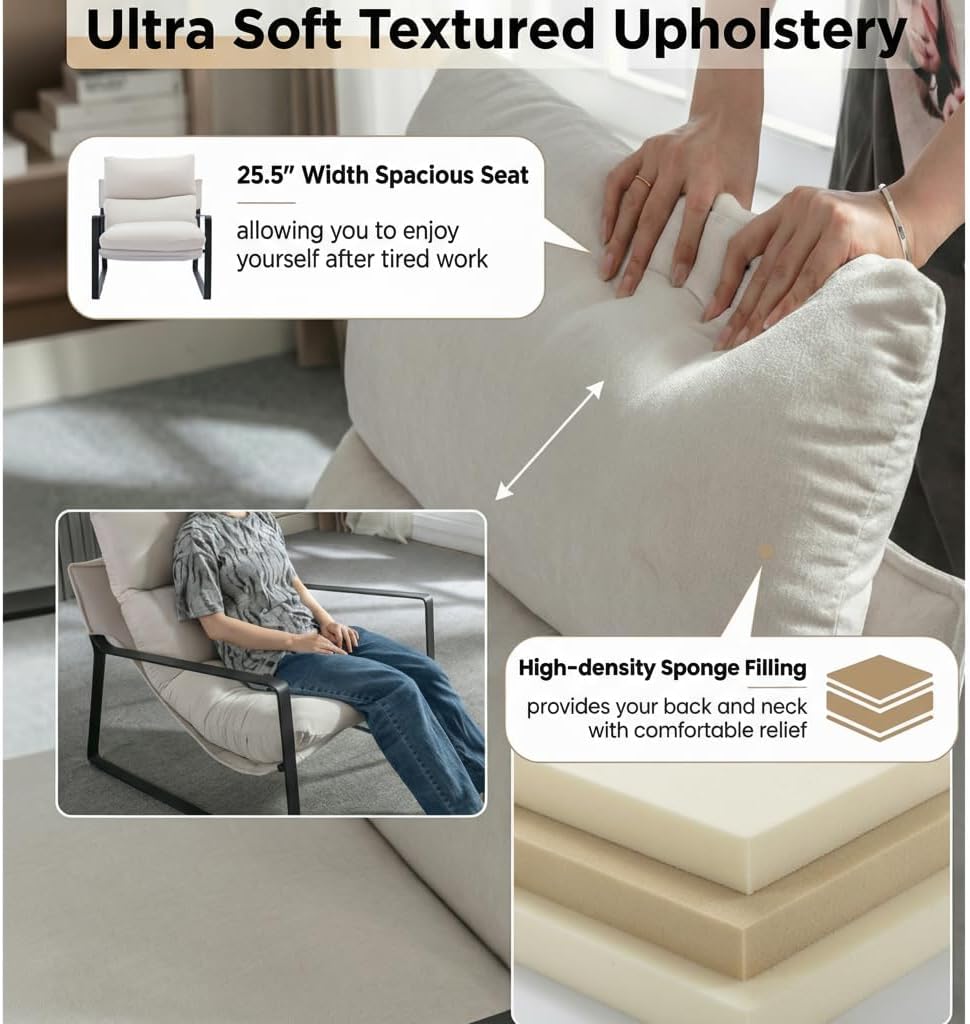 LukeAlon Modern Linen Accent Armchair, Upholstered Soft Living Room Chair with Metal Base Removable Thickened Cushion Single Sofa Chair Comfy Lounge Chair for Bedroom Living Room, White