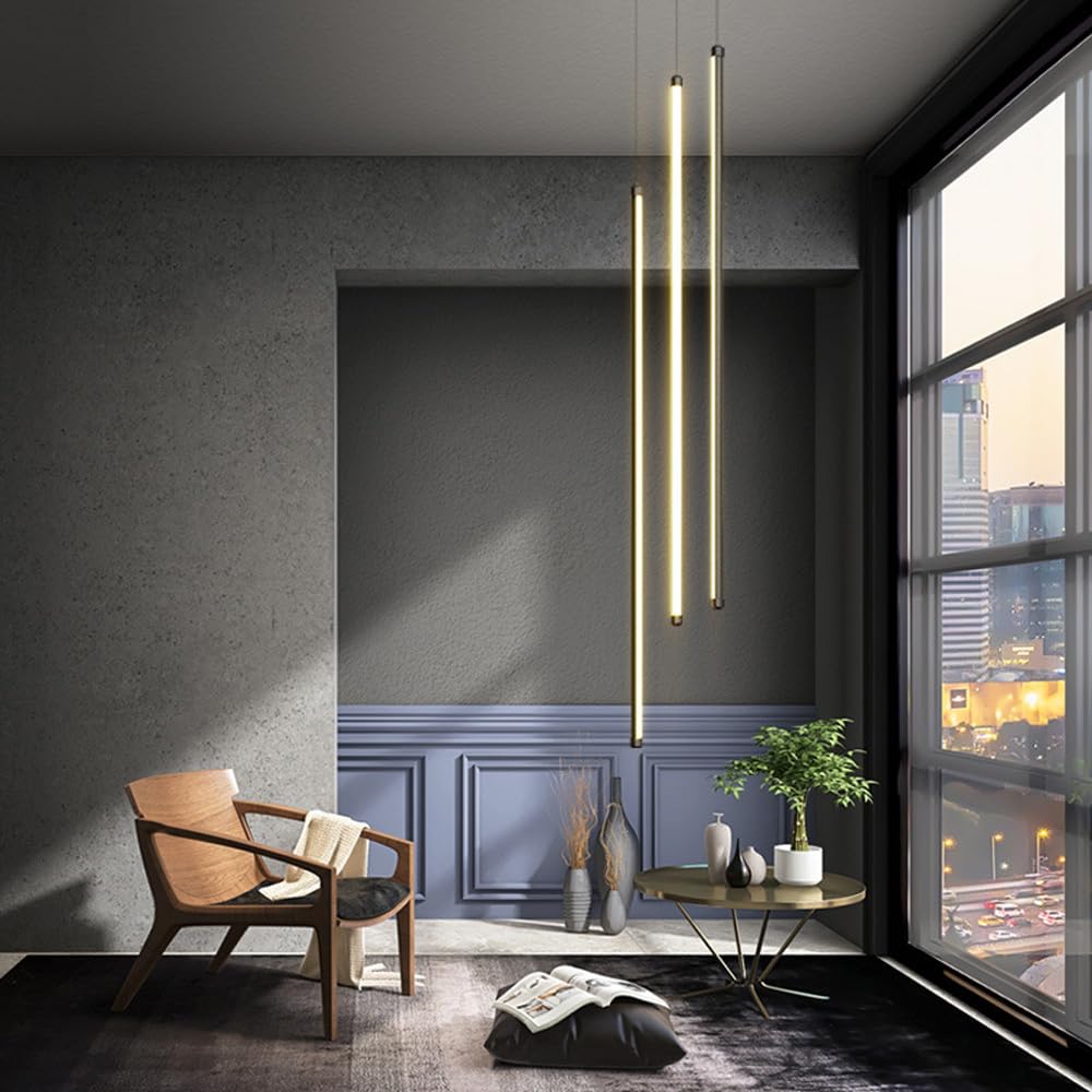 Lampadari da Camino a LED Neri per soffitti Alti Lampadario lineare Lungo sospeso Lampadario lineare Moderno dimmerabile Oro con Telecomando per Soggiorno Tavolo da Pranzo Ingresso RVVU