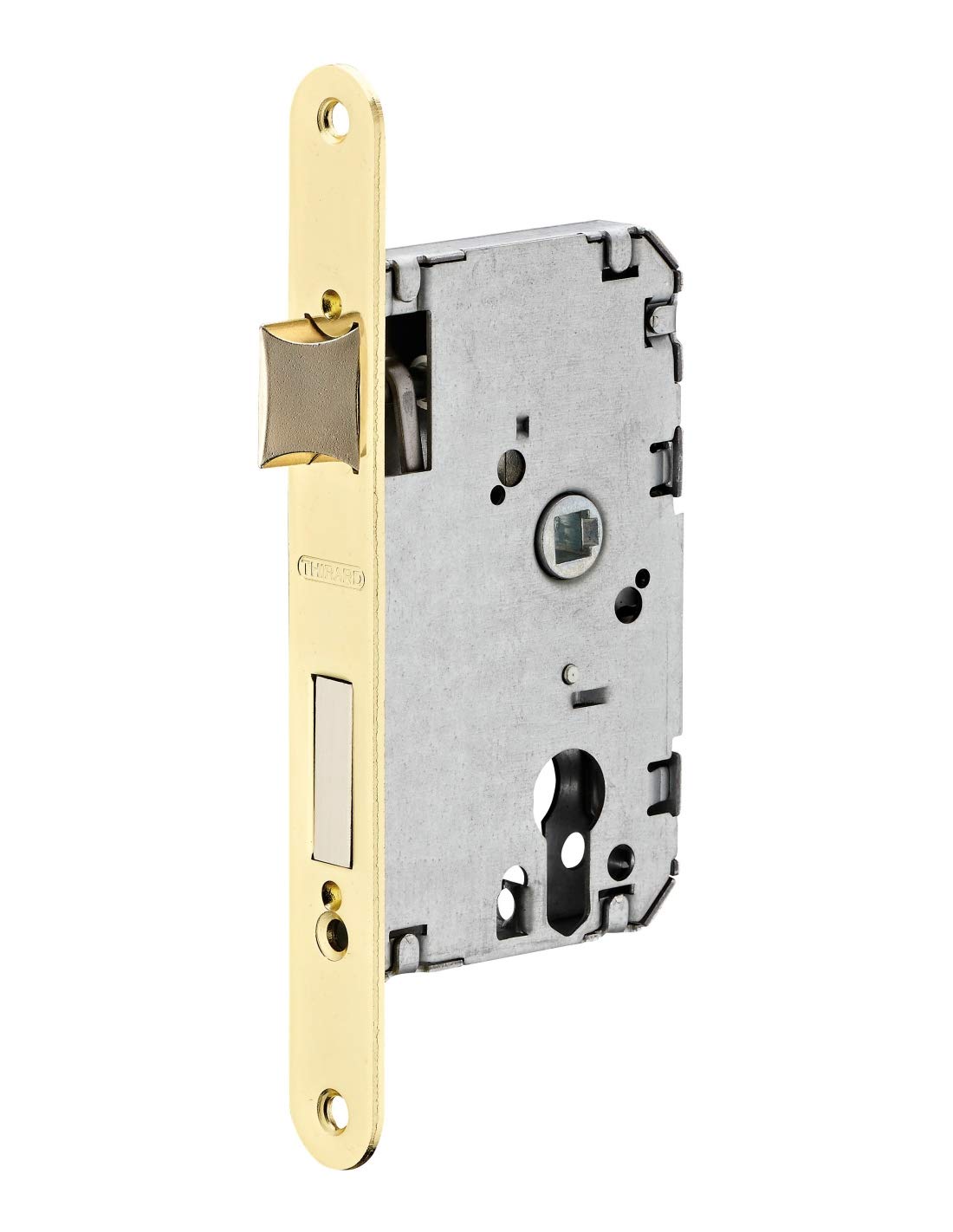Cerradura de cilindro empotrada para puerta de entrada, con retroceso de 50 mm, extremos redondeados, latonada, media vuelta reversible, pestillo de aleación cincada - THIRARD