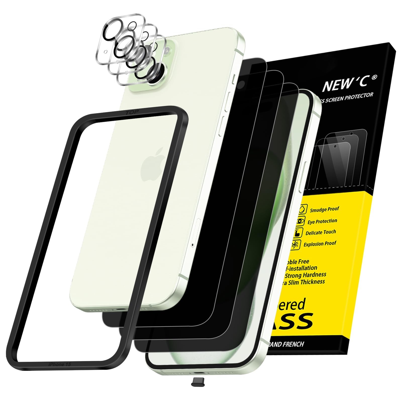 NEW'C for iPhone 15 Plus Privacy Screen Protector + Camera Lens Protector