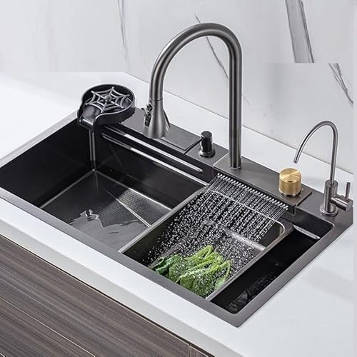 AXZORD Matt Kitchen Sink 304 Grade Anti Scratch Design With Integrated Waterfall And Pull-Down Faucet Set And All Accessories (All In One (24X18X9)), Black