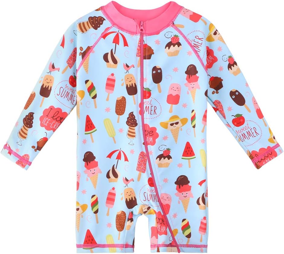 HUAANIUE Baby Girls One Piece Swimsuit Long Sleeve Swimwear UPF 50+ UV Sunsuit Cute Icecream Swimming Kids Wetsuit Zipper 4-12Y Swim Clothes