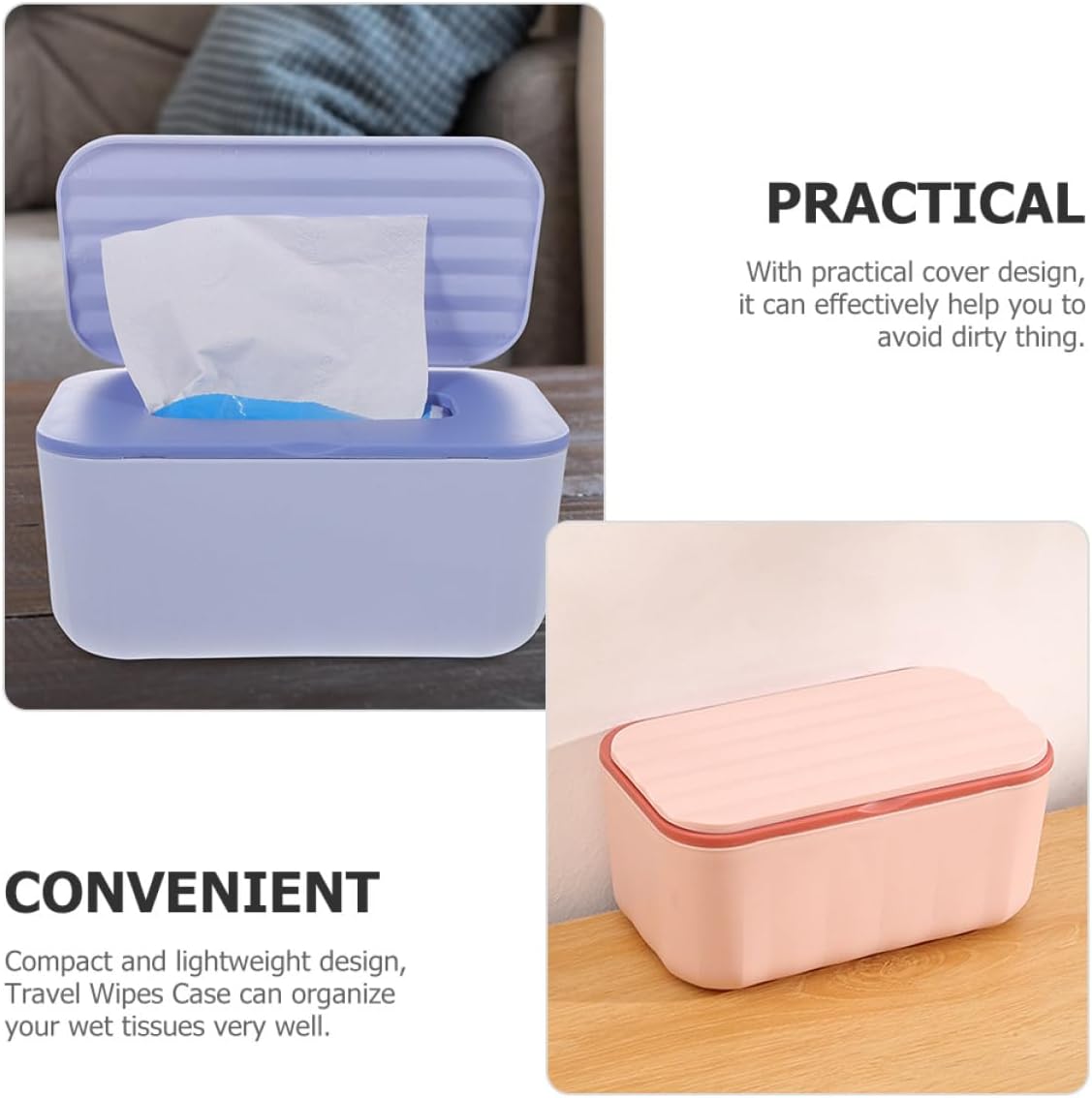 2pcs Plastic Wipes Dispenser and Small Tissue Box with Lid, Portable Diaper Wipe Holder for Desktop and Wall Mount, Moisture-Resistant Tissue Case for Home and Travel Use