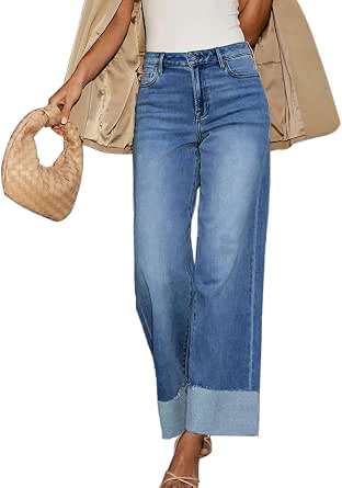 Women's High-Waisted Wide-Leg Cuffed Jeans with Raw Hem
