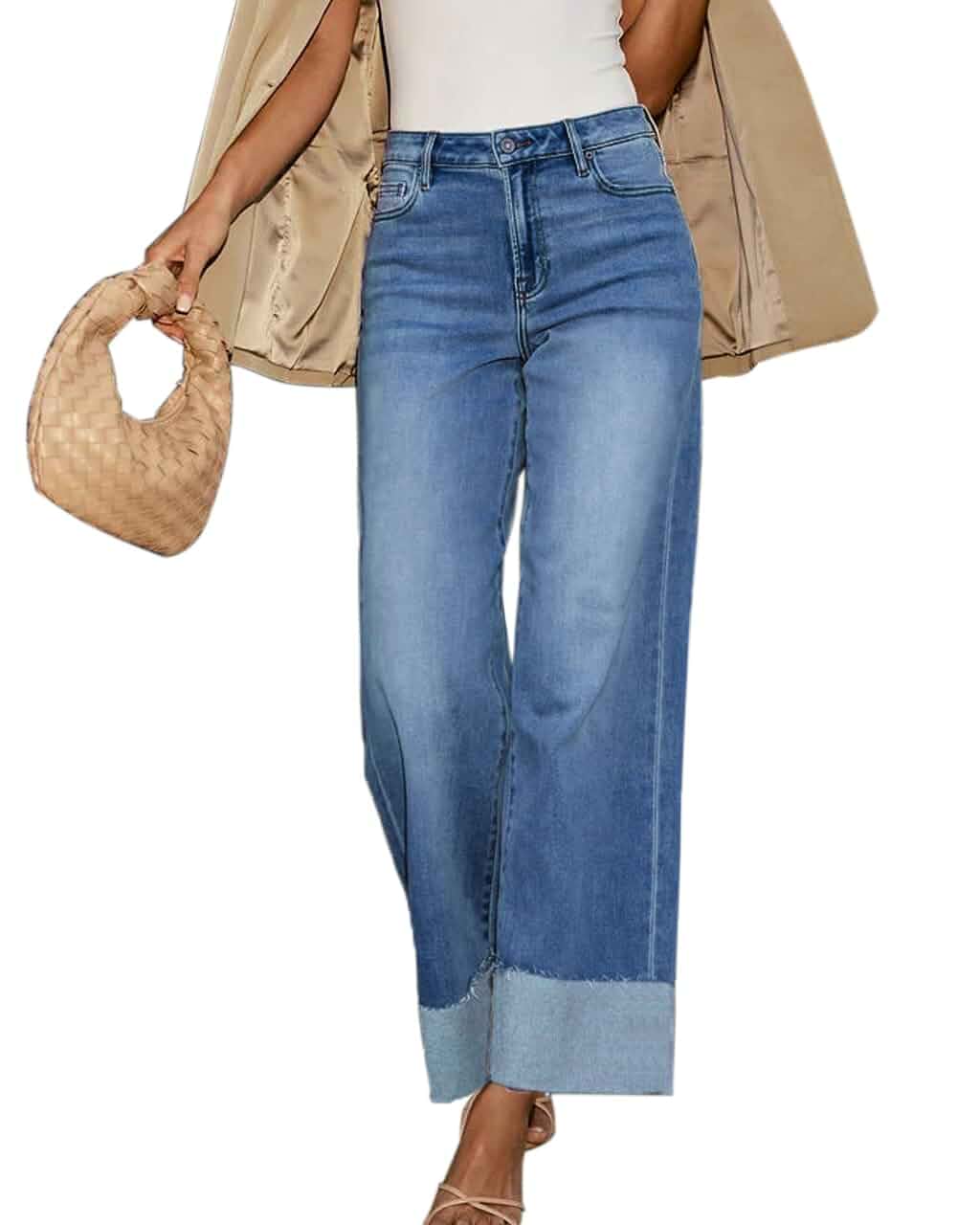 High Waisted Wide Leg Cuffed Jeans for Women Frayed Raw Hem 2026 Ankle Length, Stretchy, Loose Fit Straight Leg, Boyfriend Style, Trouser Jeans, Jeans for Women Trendy, Denim Outfits