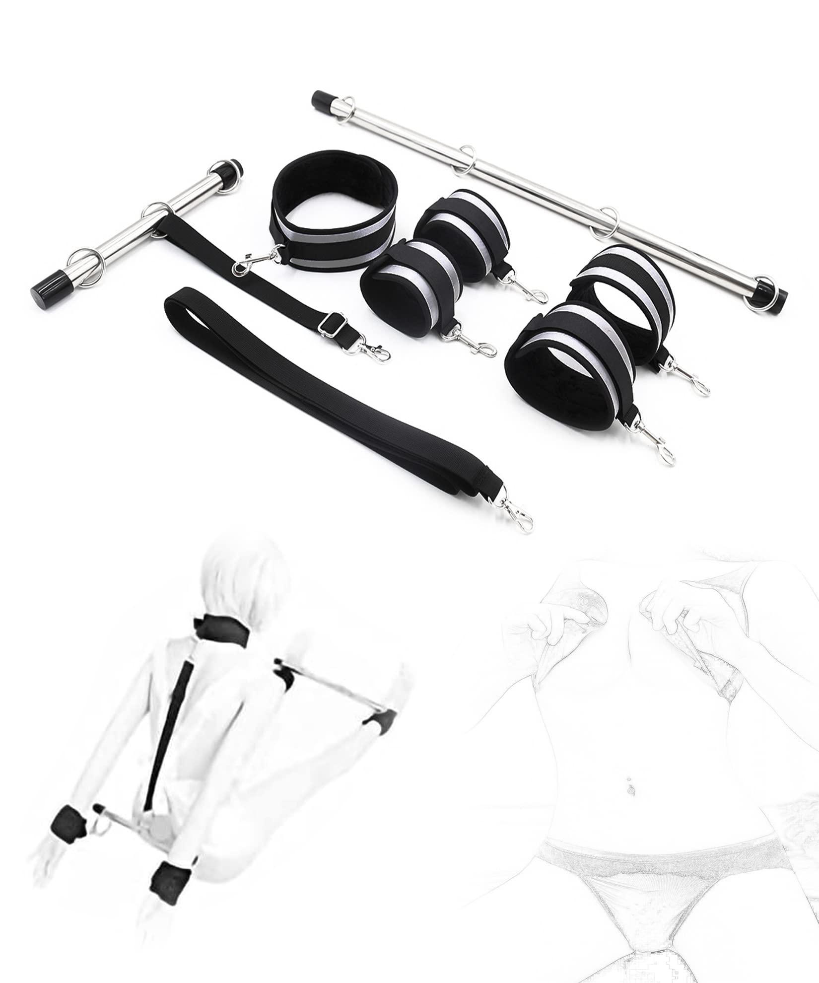 BAOMAZ4 Barre d'écartement en acier inoxydable Menottes mains et pieds Barre d'entrave Réglable Écarteur de jambes avec système de collier de serrage Torture Esclave Fétiche Ensemble de (SET)