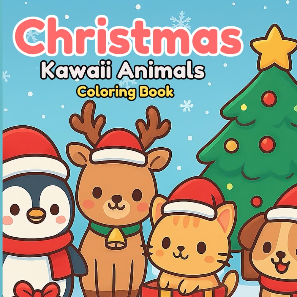 Christmas Kawaii Animals Coloring Book for Kids Ages 4–8: Cute and Easy Holiday Animal Designs for Fun Christmas Coloring