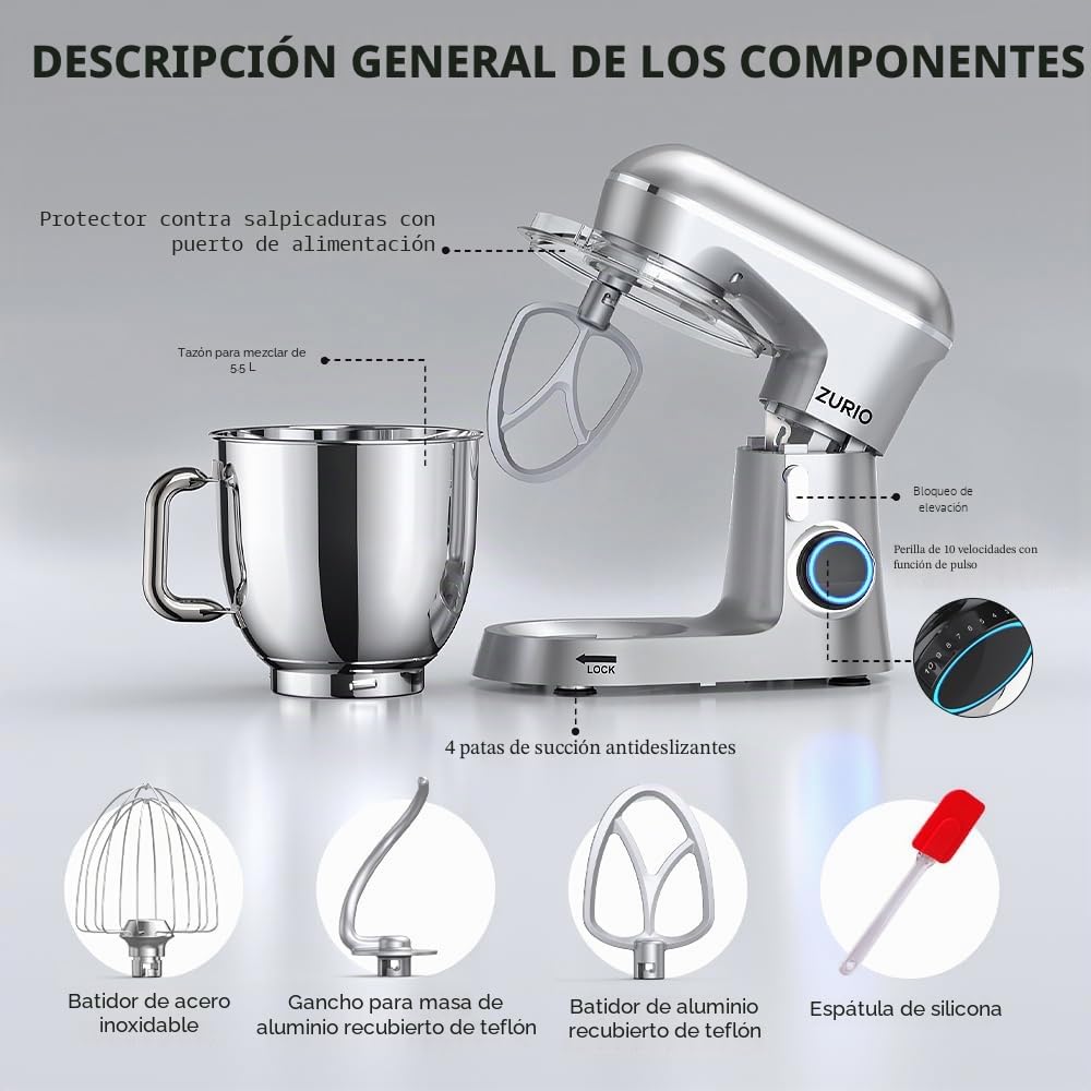 Zurio Batidora Amasadora 1300w, Amasadora de Pan Para Repostería 5.5L, Bol de Acero Inoxidable, Varillas Batidoras, Varillas Amasadoras