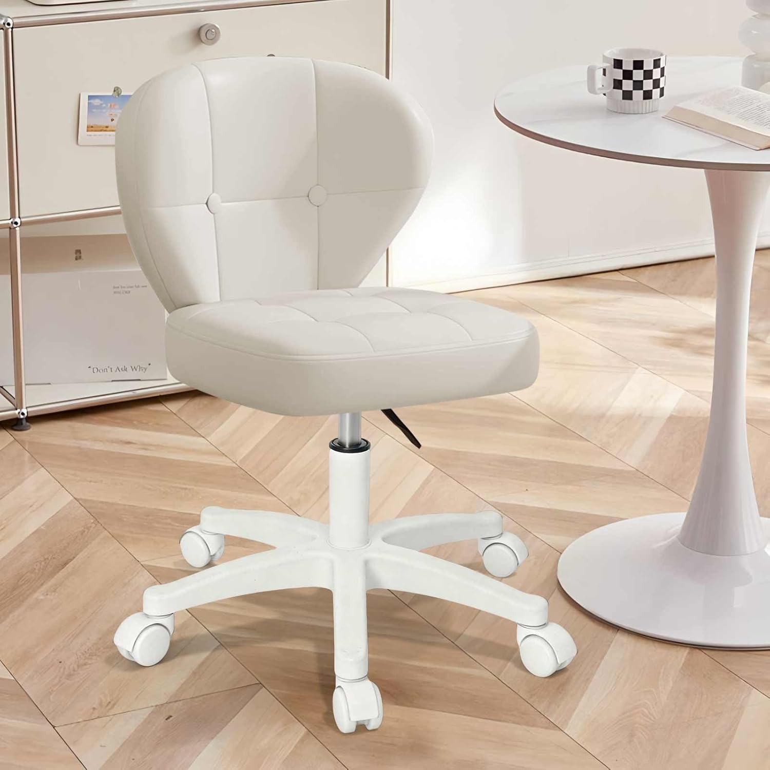 Small Office Chair with Lumbar Support, PU Leather Armless Swivel Desk Chair Adjustable Height, Compact Rolling Chair for Home Office, Bedroom, Study 1White