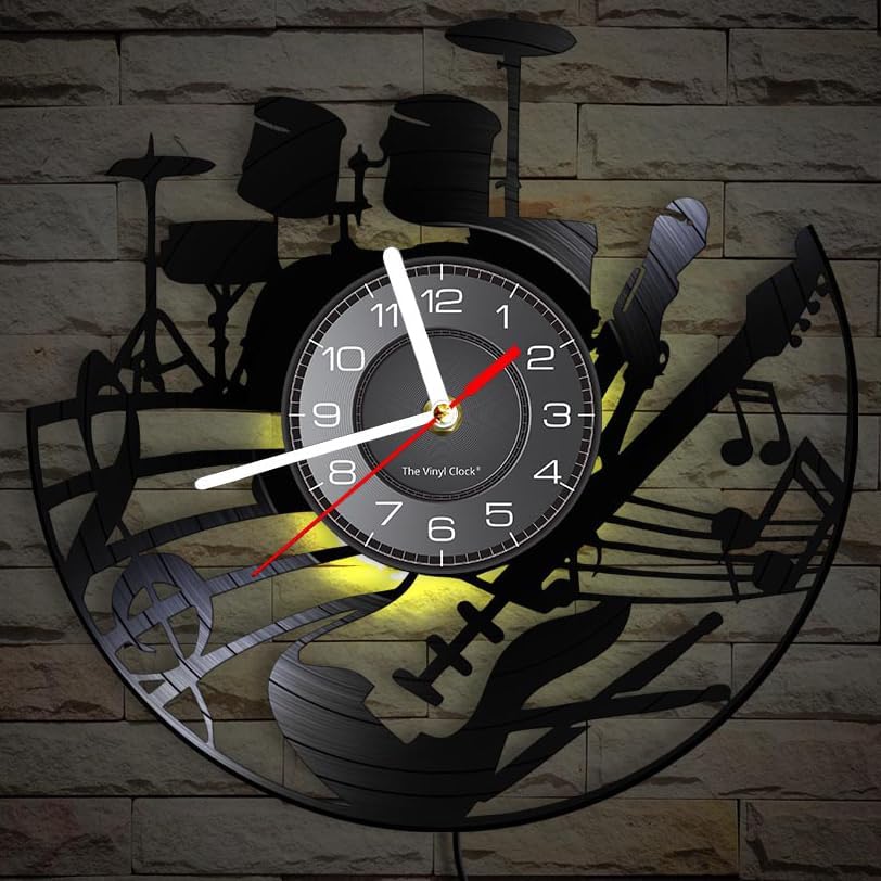 Miniatura 6 de Kit de guitarra y batería de 12 pulgadas, reloj de pared con disco de vinilo LED, 7 colores cambiantes, sin tictac, instrumento moderno Rock N Roll,