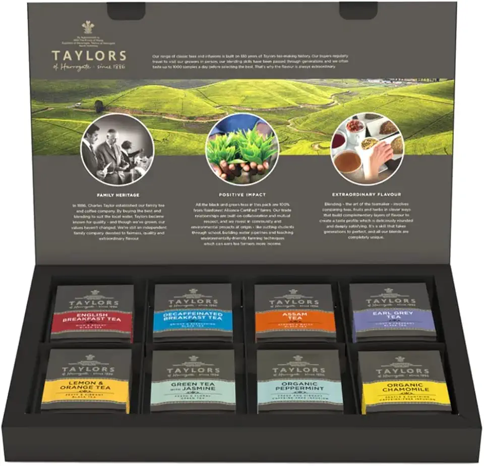 Taylors of Harrogate Assorted Specialty Teas Sampler, Variety Pack Gift Box, Individually Wrapped Bags, 48 Count (Pack of 1), Premium Black, Green &amp; Herbal Teas, Mixed Caffeinated &amp; Caffeine-F